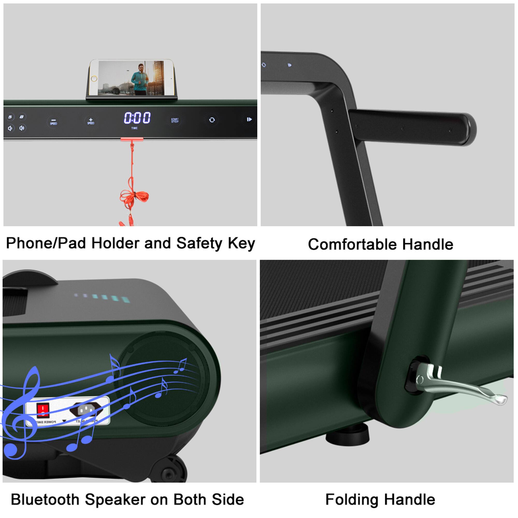 Phone/Pad Holder and Safety Key  
Comfortable Handle  
Bluetooth Speaker on Both Side  
Folding Handle