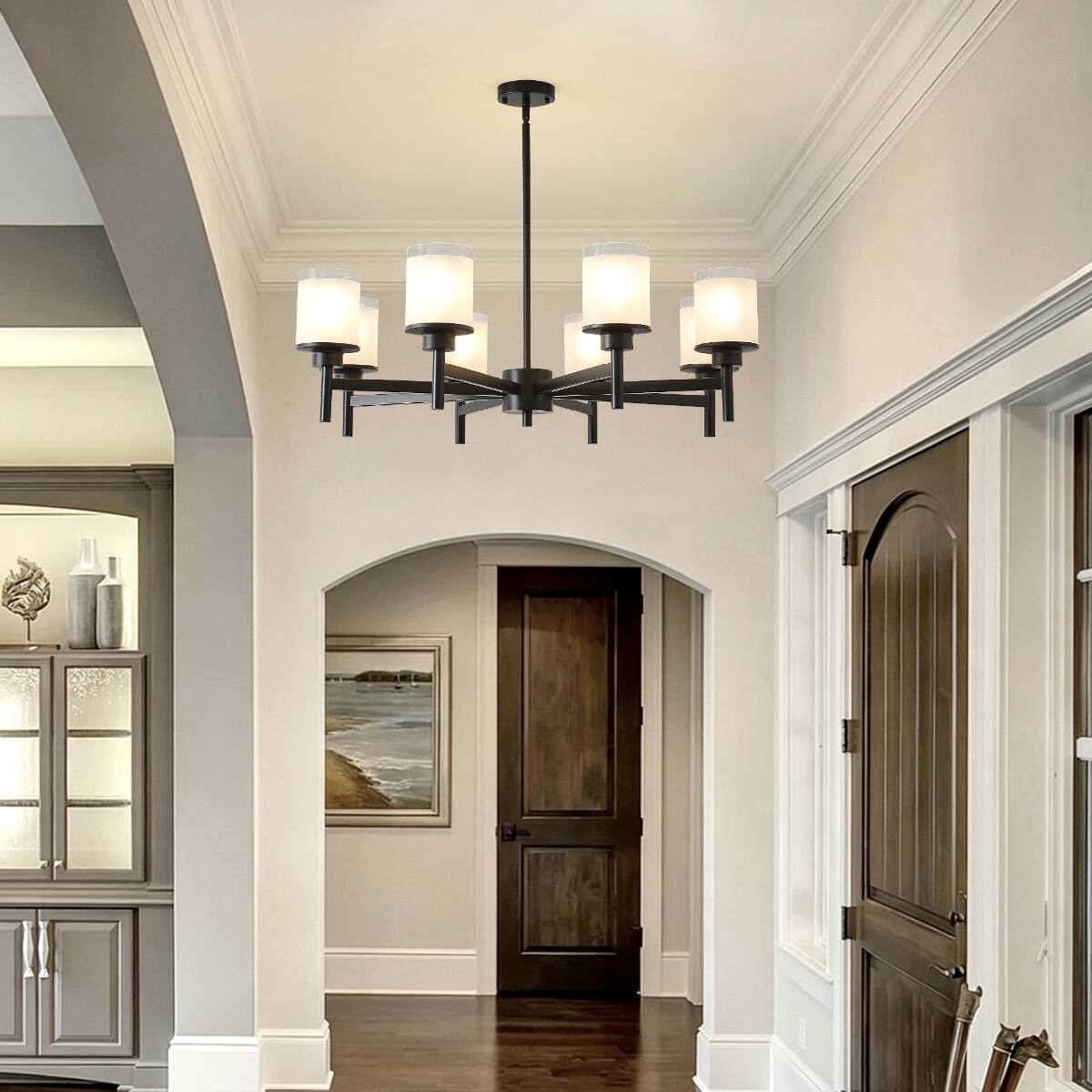 Alt View 4. Loheer - Loheer Eight Light Farmhouse Chandelier Matte Black Metal Frosted Glass for Dining Room.