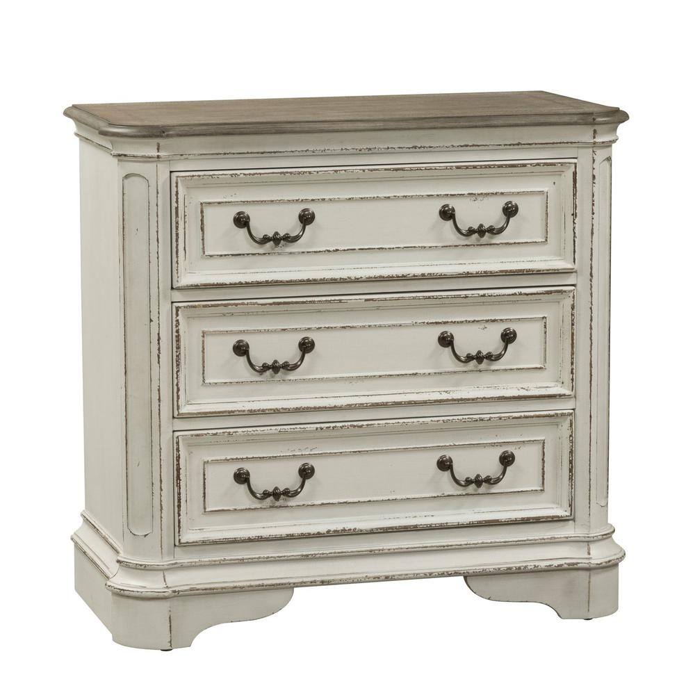Back. Liberty Furniture Industries - Magnolia Manor 3 Drawer Bedside Chest w/ Charging Station in Antique White - White.