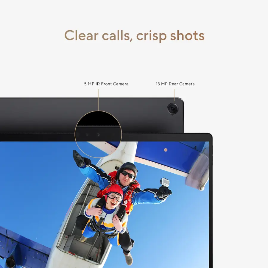 The text on the image reads: "Clear calls, crisp shots 5 MP IR Front Camera 13 MP Rear Camera 8". This text is grouped and corrected as follows:

"Clear calls, crisp shots:
- 5 MP IR Front Camera
- 13 MP Rear Camera
- 8"