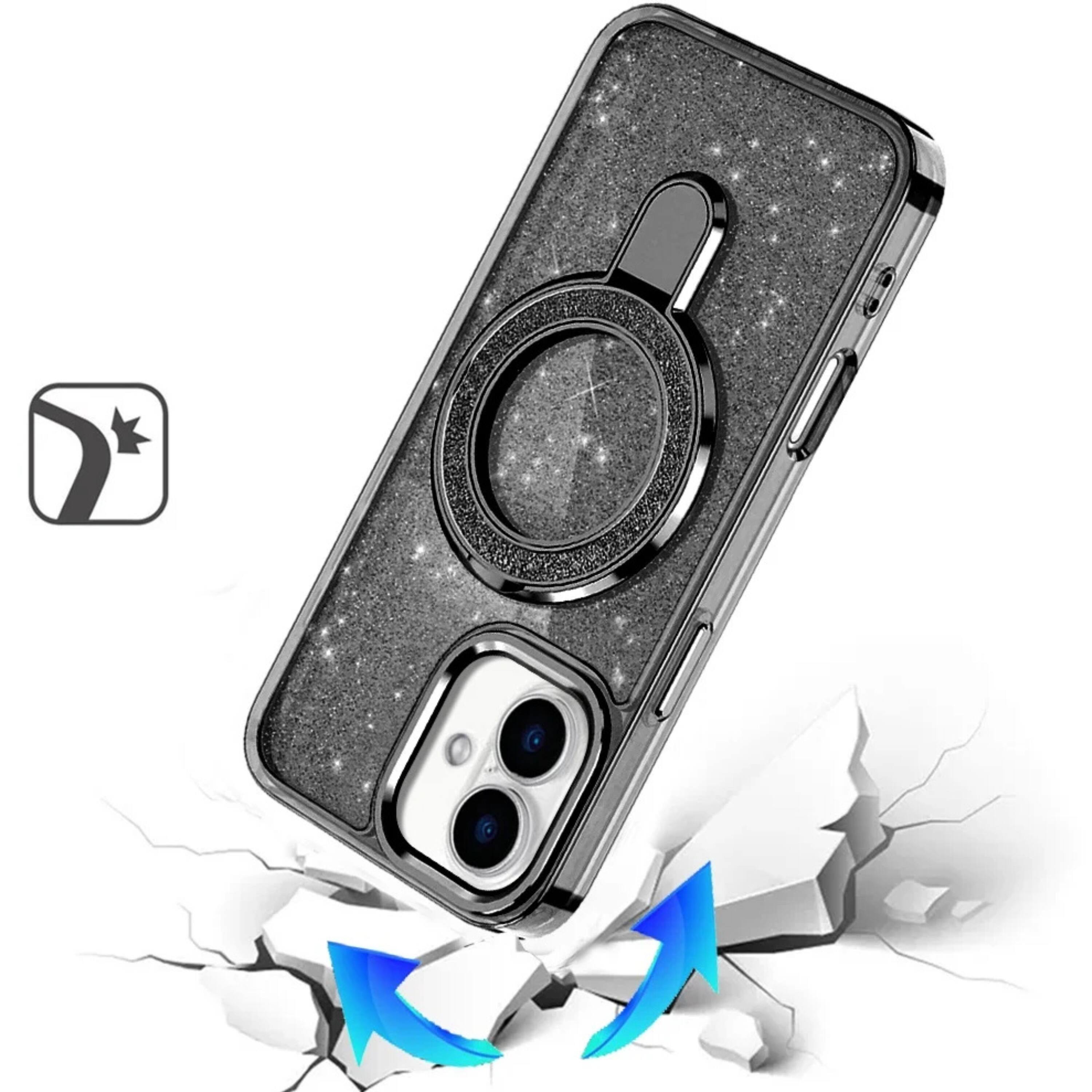 Back. Kitcheniva - Iphone 17 Translucent Glitter Case With Magnetic Circle Stand And Protective Cover Black - Black.