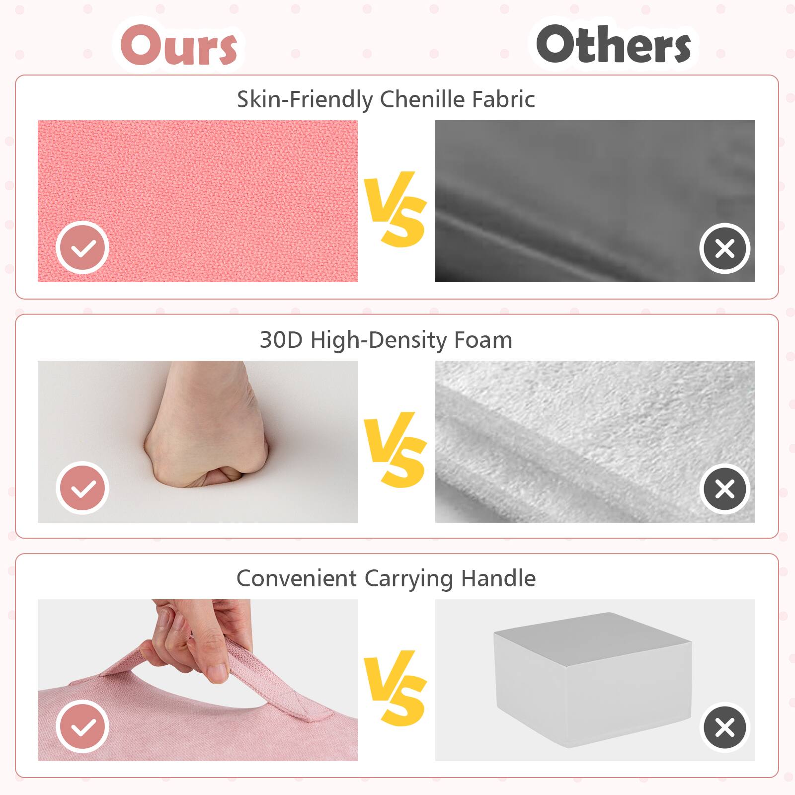 Ours  
- Skin-Friendly Chenille Fabric  
- 30D High-Density Foam  
- Convenient Carrying Handle  

Others  
- Chenille Fabric  
- Density Foam  
- No Carrying Handle