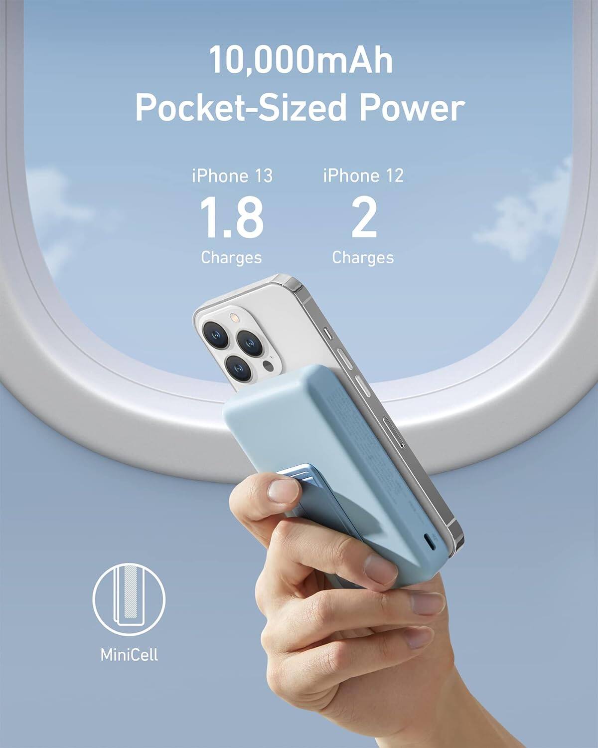 10,000mAh Pocket-Sized Power

iPhone 13  
1.8 Charges

iPhone 12  
2 Charges

MiniCell