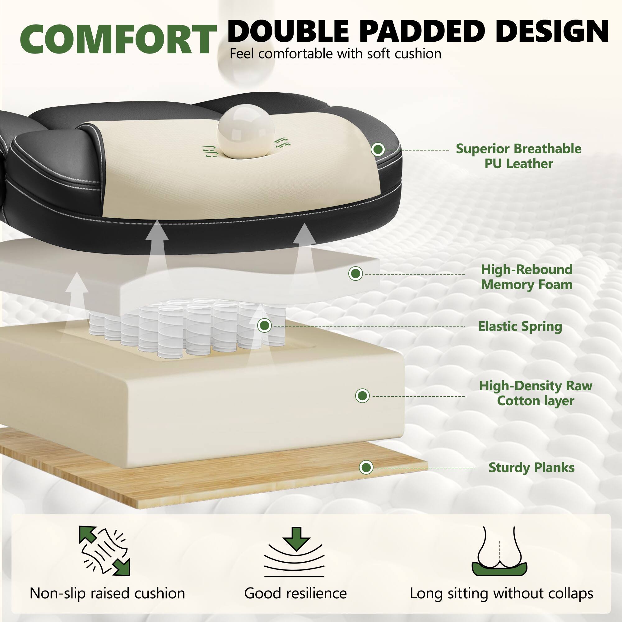 COMFORT DOUBLE PADDED DESIGN  
Feel comfortable with soft cushion

Superior Breathable PU Leather  
High-Rebound Memory Foam  
Elastic Spring  
High-Density Raw Cotton layer  
Sturdy Planks  
Non-slip raised cushion  
Good resilience  
Long sitting without collapsing
