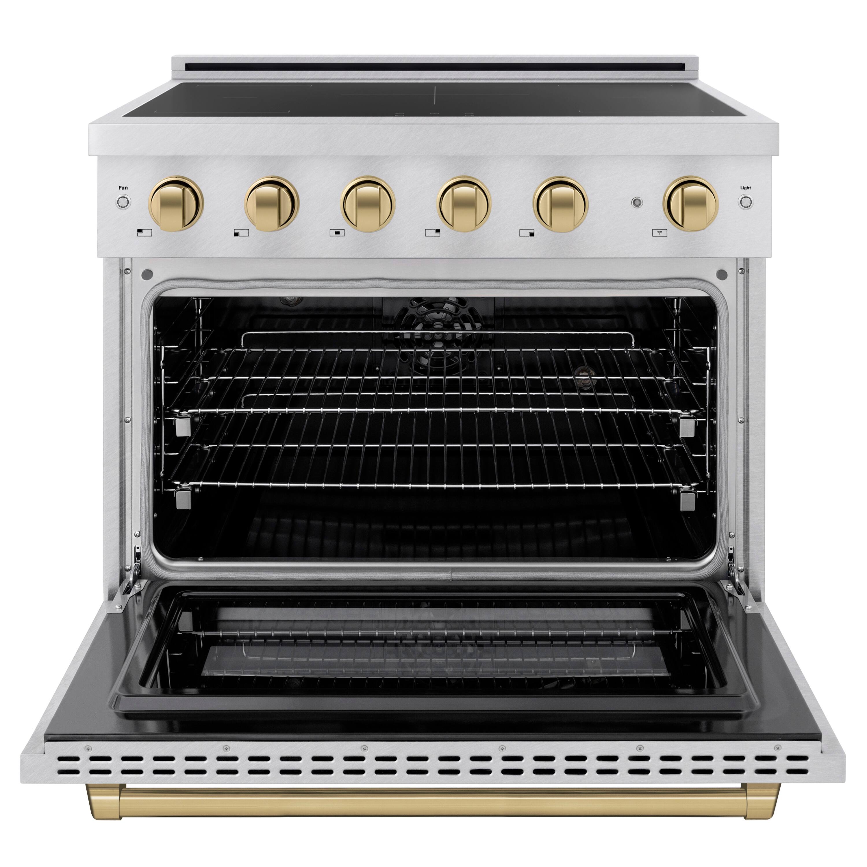 Angle. ZLINE - Autograph 36 in. 5.2 cu. ft. Paramount Freestanding Induction Range with 5 Burners in Satin Steel with Bronze Accents - Satin Stainless Steel.