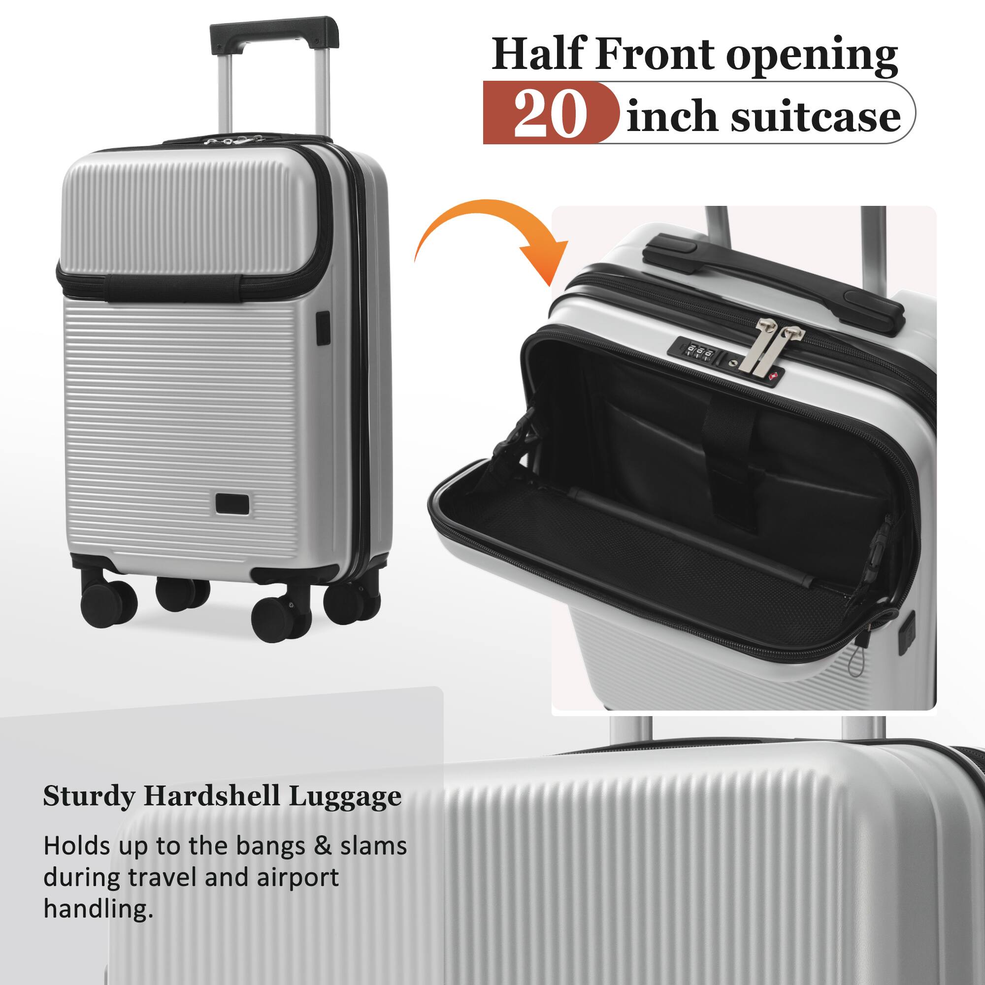 Half Front opening 20 inch suitcase

Sturdy Hardshell Luggage
Holds up to the bangs & slams during travel and airport handling.