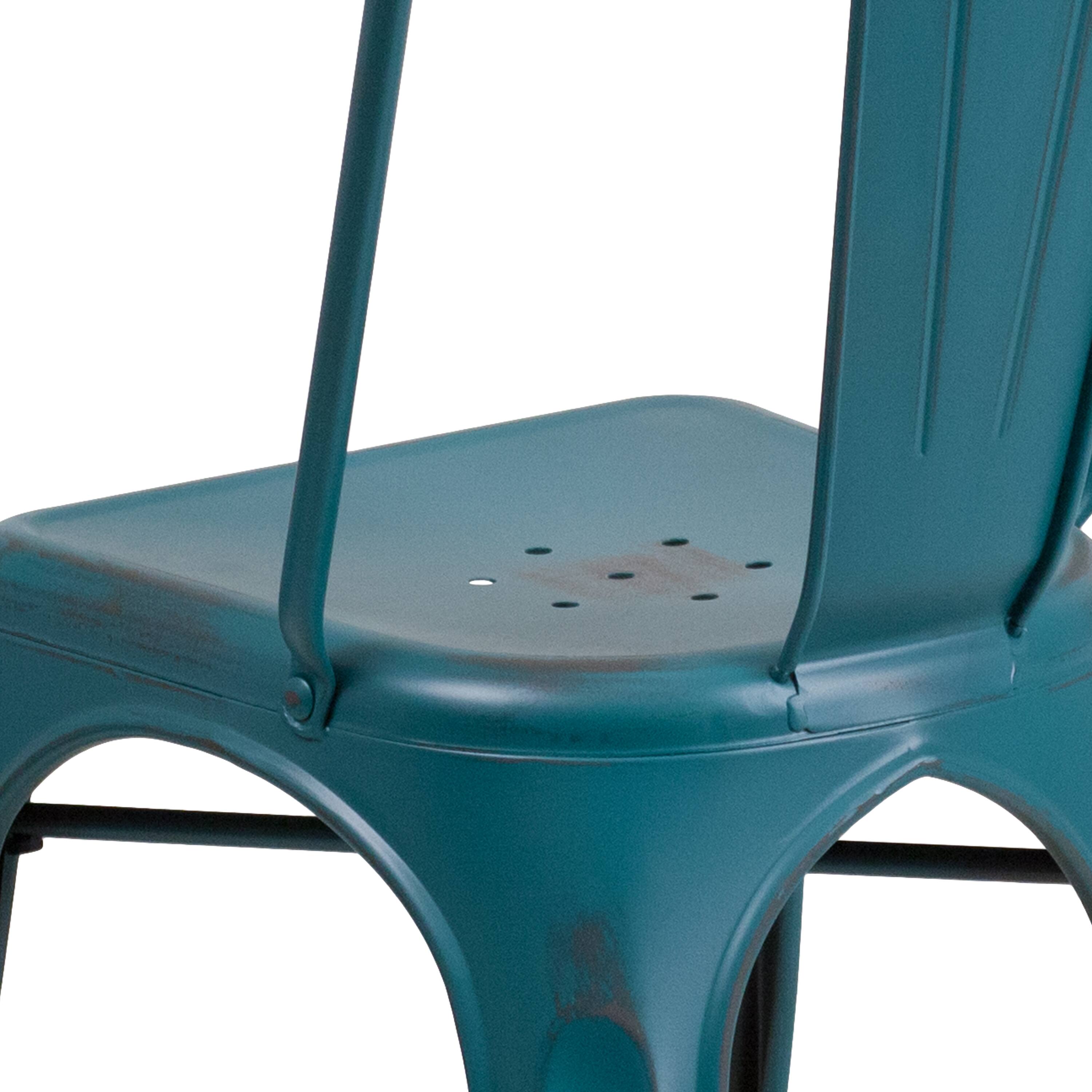 Alt View 8. Emma + Oliver - Commercial Grade Distressed Colorful Metal Indoor-Outdoor Stackable Chair - Kelly Blue-Teal.