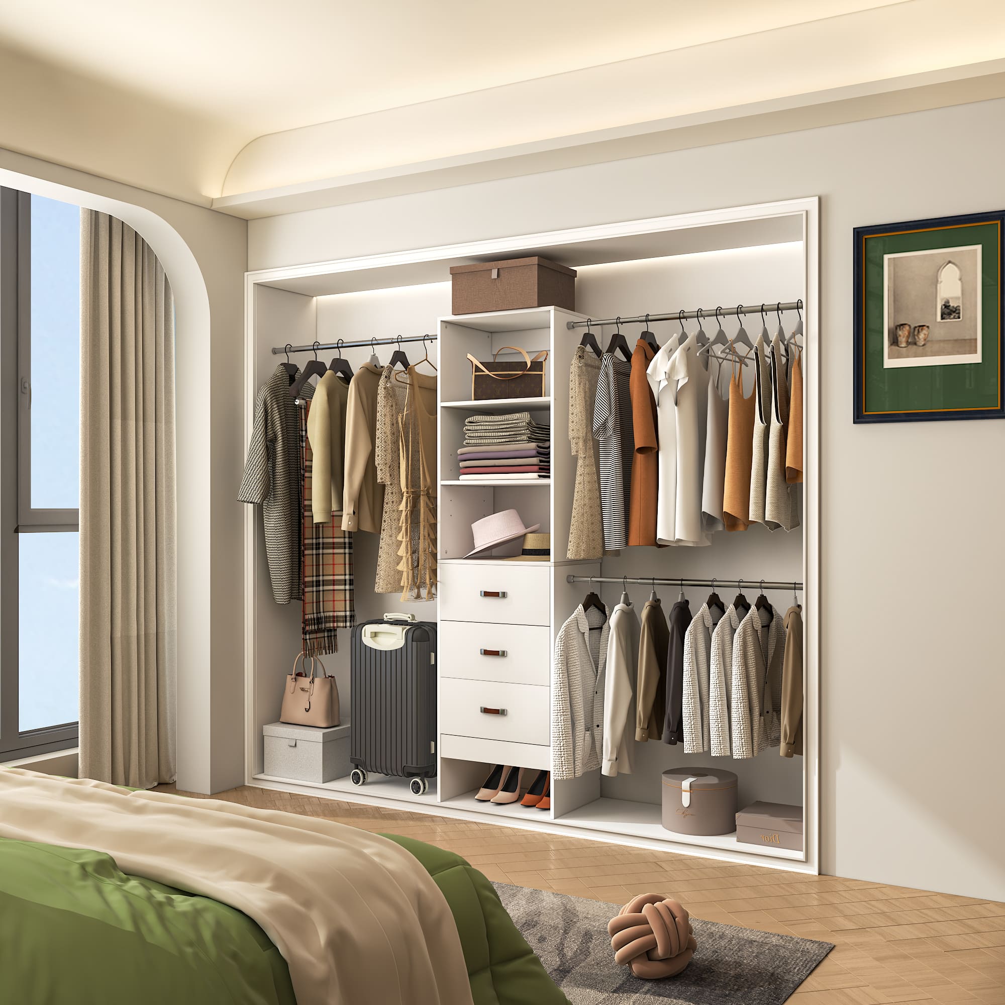 Front. Aheaplus - 96-inch Closet System: 3 Hanging Rods & 3 Wooden Drawers, Adjustable for 5-8FT Walk-in Wardrobe - White.