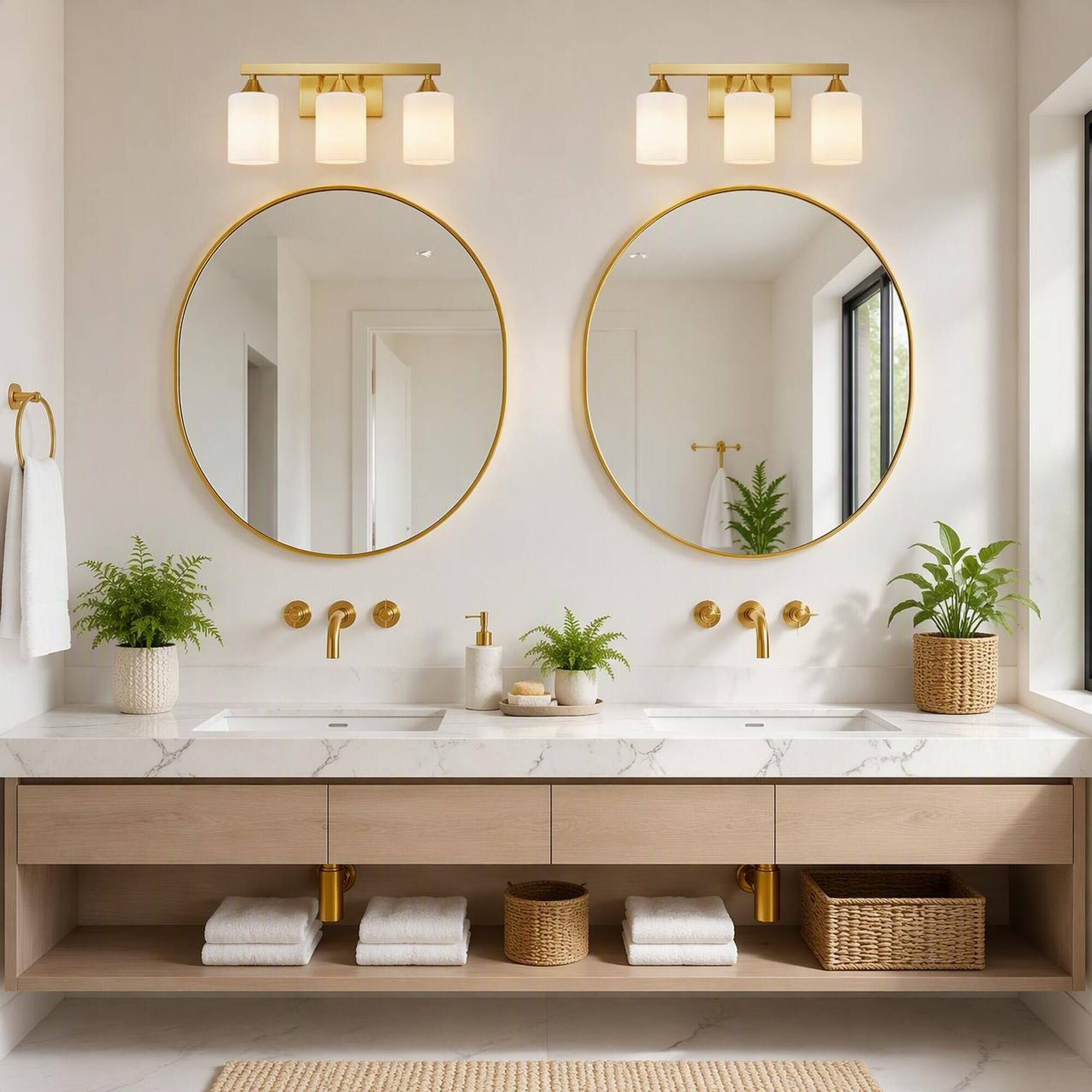 Back. RYHNUYNE - 3-Light Brushed Gold Bathroom Vanity Light with Frosted Glass Shades, Moisture-Resistant Metal Frame.