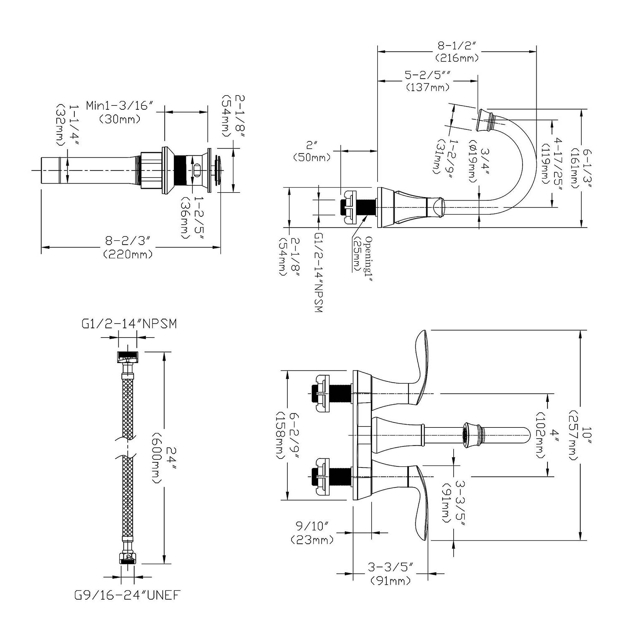 Sure, here is the corrected and grouped text from the image:

---

**Left Diagram:**

- 6-1/3" (161mm)
- 4-17/25" (119mm)
- 10" (257mm)
- 4" (102mm)
- 8-1/2" (216mm)
- 5-2/5" (137mm)
- 3/4" (19mm)
- 1-2/9" (31mm)
- 2" (50mm)
- Opening1" (25mm)
- G1/2-14NPSM
- 2-1/8" (54mm)
- 3-3/5" (91mm)
- 6-2/9" (158mm)
- 9/10" (23mm)
- 3-3/5" (91mm)
- 2-1/8" (54mm)
- Min1-3/16" (30mm)
- 1-1/4" (32mm