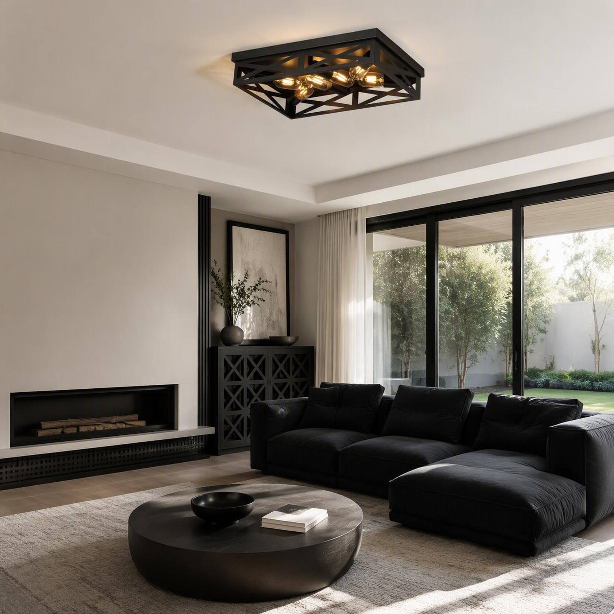 Angle. RYHNUYNE - 6-Light Matte Black Industrial Farmhouse Square Flush Mount Ceiling Light with Geometric Iron Cage.
