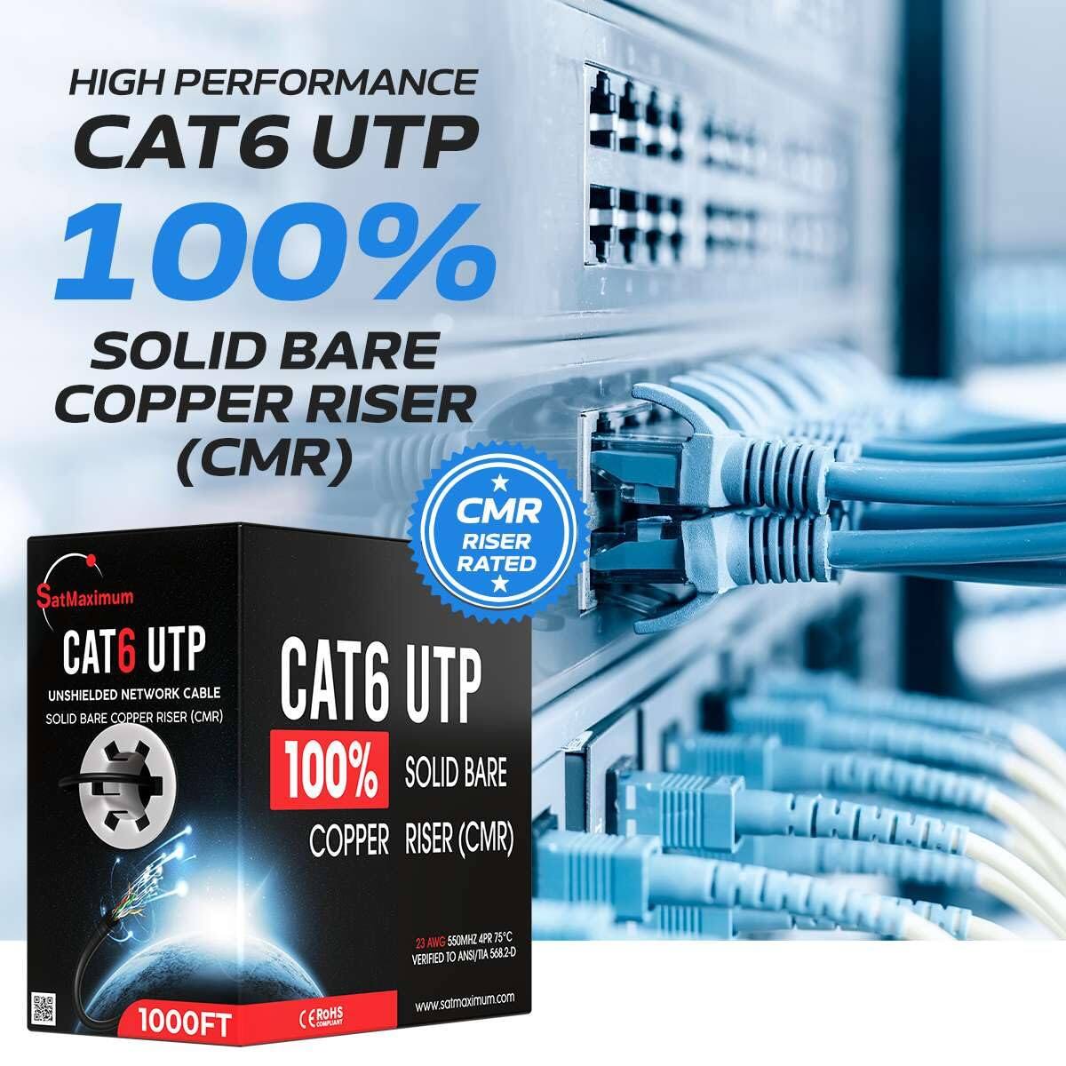 HIGH PERFORMANCE CAT6 UTP  
100% SOLID BARE COPPER RISER (CMR)  
CMR RISER RATED  
CAT6 UTP UNSHIELDED BARE COPPER NETWORK RISER CABLE (CMR)  
CAT6 UTP 100% SOLID BARE COPPER RISER (CMR)  
23 AWG 550MHZ GPR 25C  
VERIFIED TO ANSI/TIA 568.20  
1000FT (ROHS)  
www.satmaximum.com