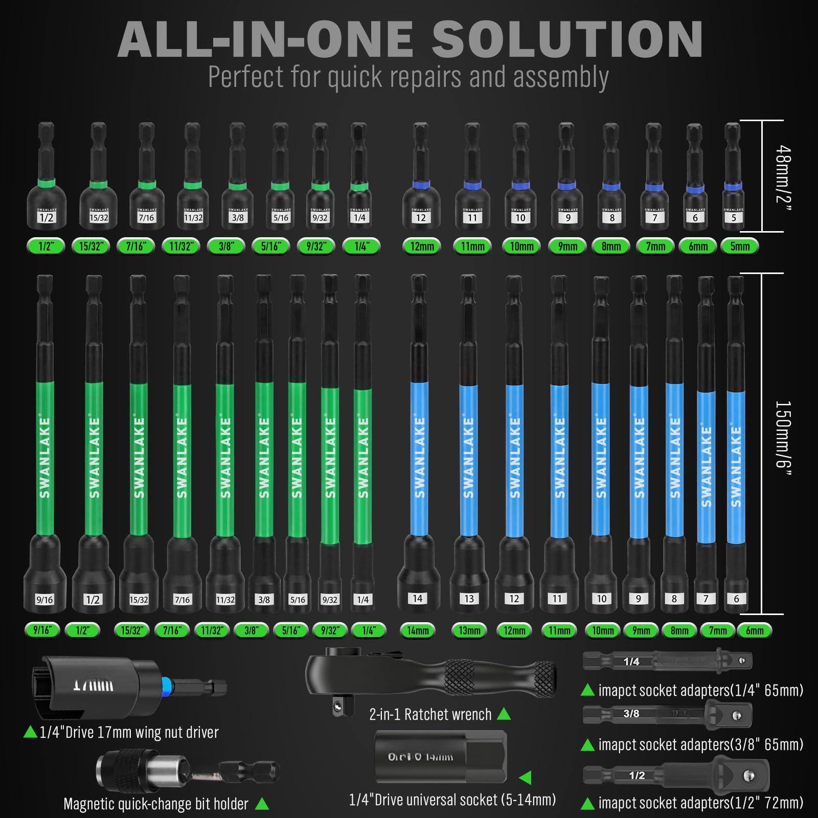 **ALL-IN-ONE SOLUTION**  
Perfect for quick repairs and assembly

- 1/2"  
- 15/32"  
- 7/16"  
- 11/32"  
- 3/8"  
- 5/16"  
- 9/32"  
- 1/4"  
- 12mm  
- 11mm  
- 10mm  
- 9mm  
- 8mm  
- 7mm  
- 6mm  
- 5mm  
- 48mm/2"  
- 150mm/6"  
- 9/16"  
- 1/2"  
- 15/32"  
- 7/16"  
- 11/32"  
- 3/8"  
- 5/16"  
- 9/32"  
- 1/4"  
- 14mm  
- 13mm  
- 12mm  
- 11mm  
- 10mm  
- 9mm  
- 8mm  
- 7mm  
