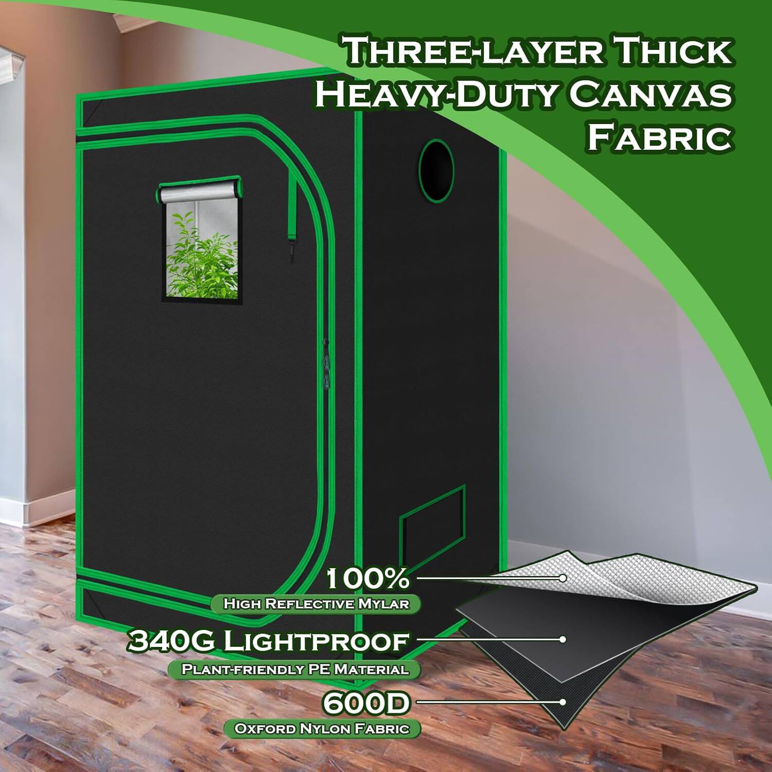 THREE-LAYER THICK HEAVY-DUTY CANVAS FABRIC  
100% HIGH REFLECTIVE MYLAR  
340G LIGHTPROOF  
PLANT-FRIENDLY PE MATERIAL  
600D OXFORD NYLON FABRIC