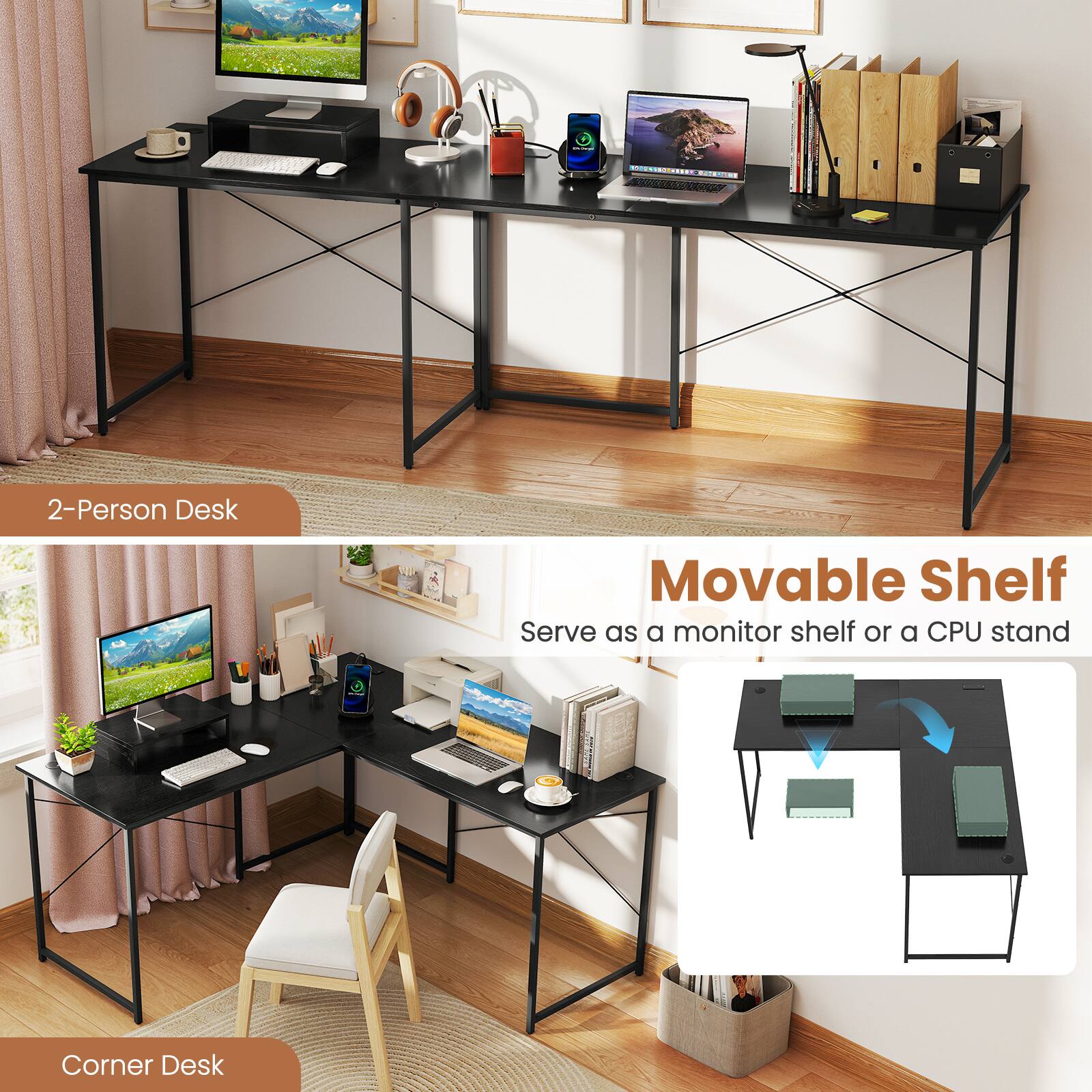 2-Person Desk, Corner Desk, Movable Shelf, Serve as a monitor shelf or a CPU stand