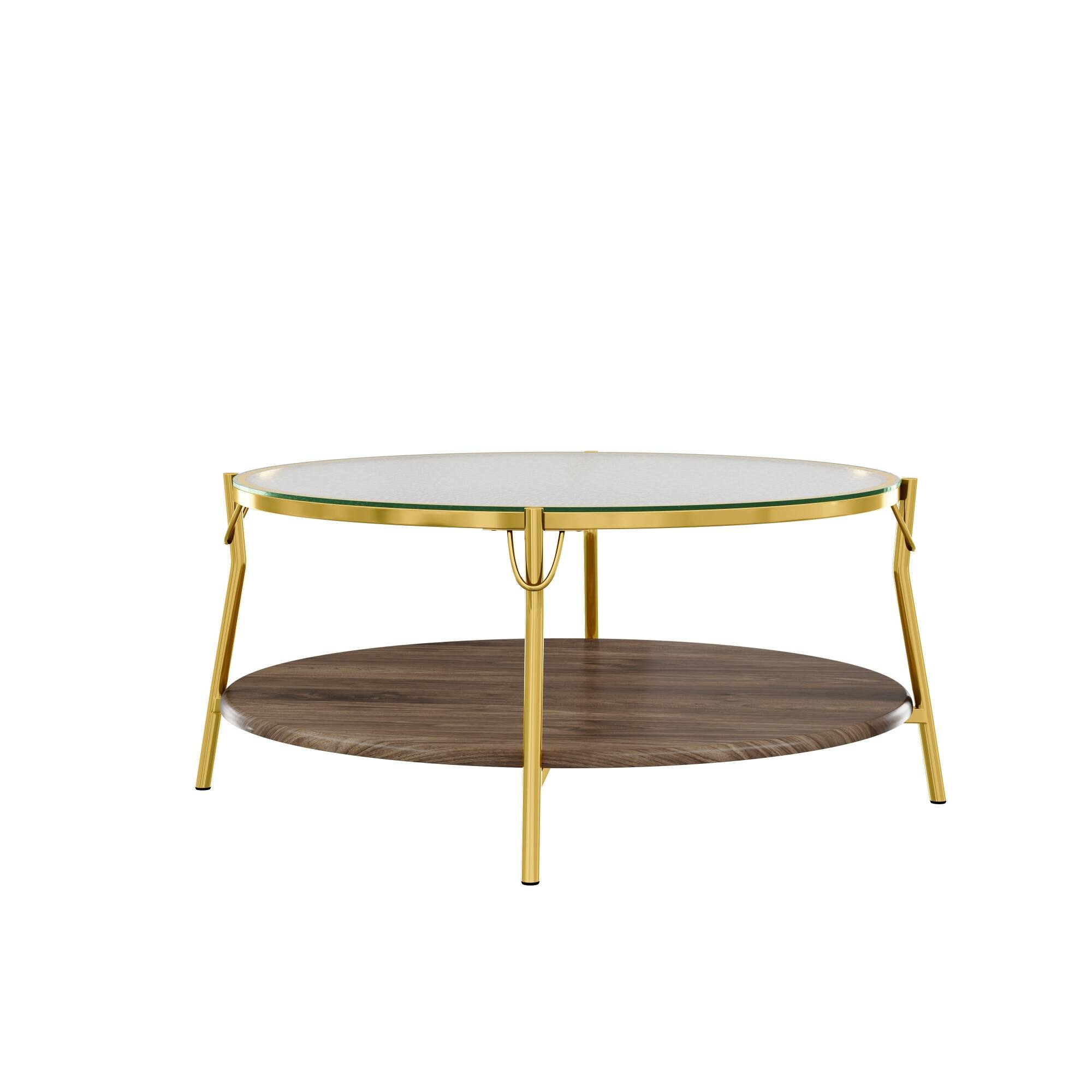 Alt View 9. GOODSILO - Modern Round Two-Tier Coffee Table with Tempered Glass Top and Elegant Metal Base - Gold+Glass,Walnut.