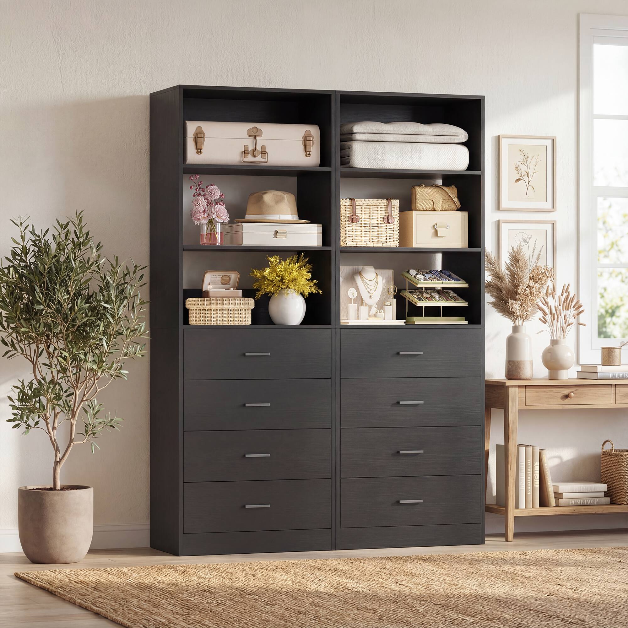 Aheaplus - 42.6'' Closet Organizer System 2 Piece Set, Closet Storage Unit with 8 Drawers and 4 Shelves - Black