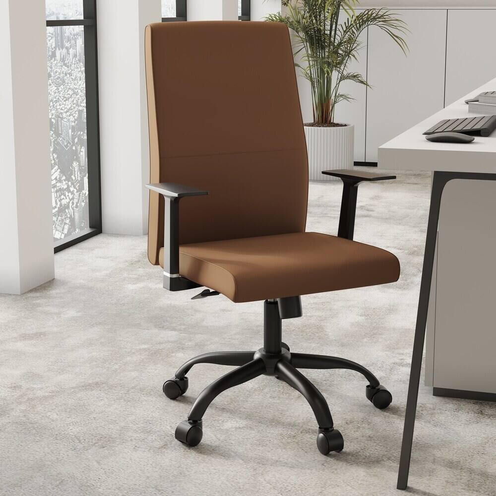 Angle. LeisureMod - Evander Leather Office Chair Aluminum Frame with Adjustable Height, Swivel, Ergonomic Desk Chair - Dark Brown.