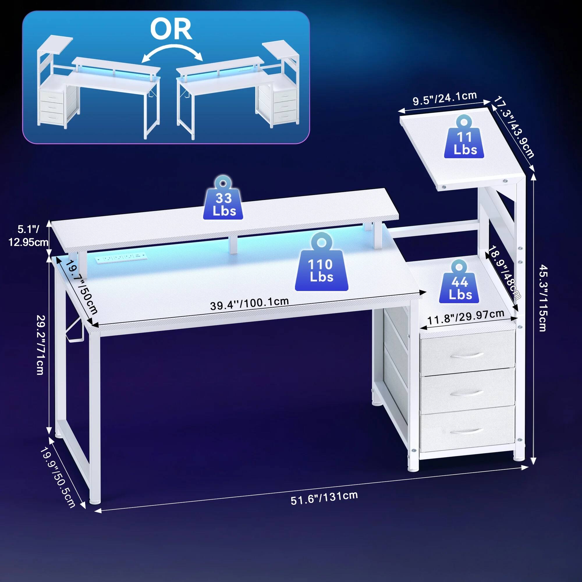 OR  
5.1"/12.95cm  
29.2"/71cm  
19.7"/50cm  
33 Lbs  
110 Lbs  
39.4"/100.1cm  
9.5"/24.1cm  
1cm  
17.3"/43.9cm  
3"/43 Lbs  
9cm  
44 Lbs  
18.9"/48cm  
45.3"/115cm  
11.8"/29.97cm  
19.9"/50.5cm  
51.6"/131cm