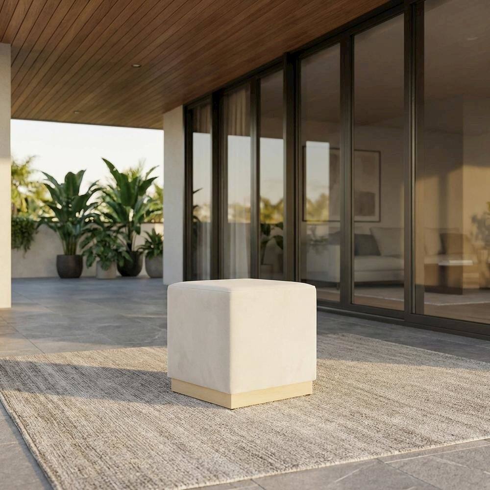 Angle. Outdoor Escape - Velvet Upholstered Ottoman In Performance Fabric With Classic Design - Gray.