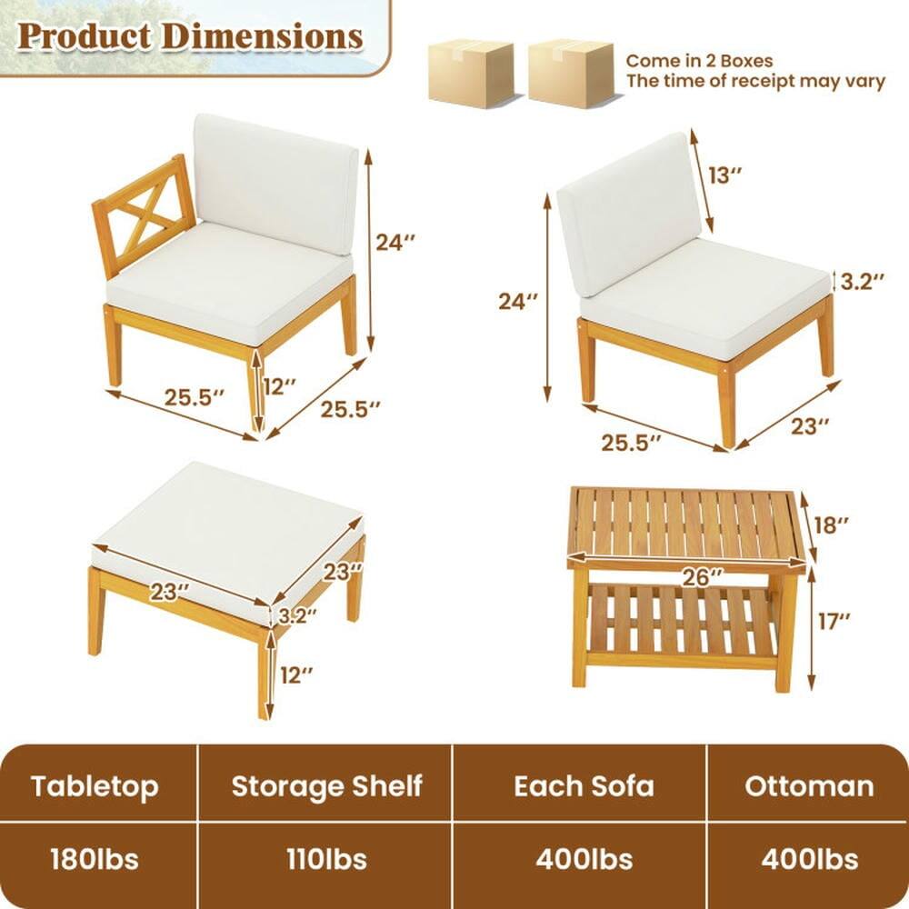 Product Dimensions:  
- Tabletop: 23" x 23" x 12"  
- Storage Shelf: 25.5" x 25.5" x 12"  
- Each Sofa: 24" x 25.5" x 13"  
- Ottoman: 26" x 18" x 17"  

Weights:  
- Tabletop: 180lbs  
- Storage Shelf: 110lbs  
- Each Sofa: 400lbs  
- Ottoman: 400lbs  

Additional Information:  
- Come in 2 Boxes  
- The time of receipt may vary