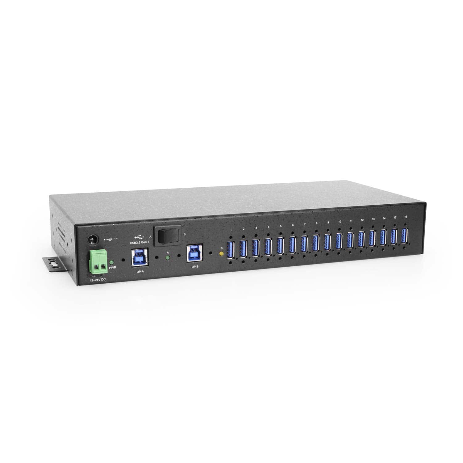 Coolgear - 16-Port USB Hub - USB Type-A - Advanced Port Management - Dual Upstream - Screw Lock - Rack Mount - 5Gbps - LEDs - Black