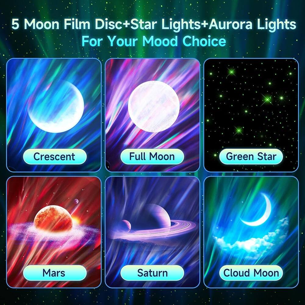 5 Moon Film Disc+Star Lights+Aurora Lights  
For Your Mood Choice  

- Crescent  
- Full Moon  
- Green Star  
- Mars  
- Saturn  
- Cloud Moon