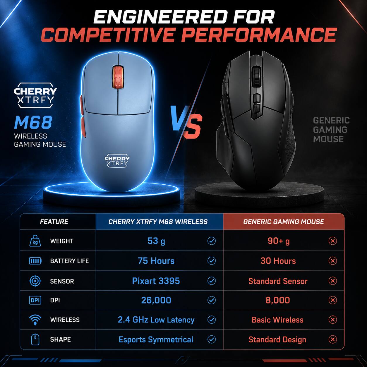 ENGINEERED FOR COMPETITIVE PERFORMANCE

CHERRY XTRFY M68 WIRELESS GAMING MOUSE

CHERRY XTRFY M68 WIRELESS VS GENERIC GAMING MOUSE

FEATURE | CHERRY XTRFY M68 WIRELESS | GENERIC GAMING MOUSE

- WEIGHT | 53 g | 90+ g
- BATTERY LIFE | 75 Hours | 30 Hours
- SENSOR | Pixart 3395 | Standard Sensor
- DPI | 26,000 | 8,000
- WIRELESS | 2.4 GHz Low Latency | Basic Wireless
- SHAPE | Esports Symmetrical | Standard Design