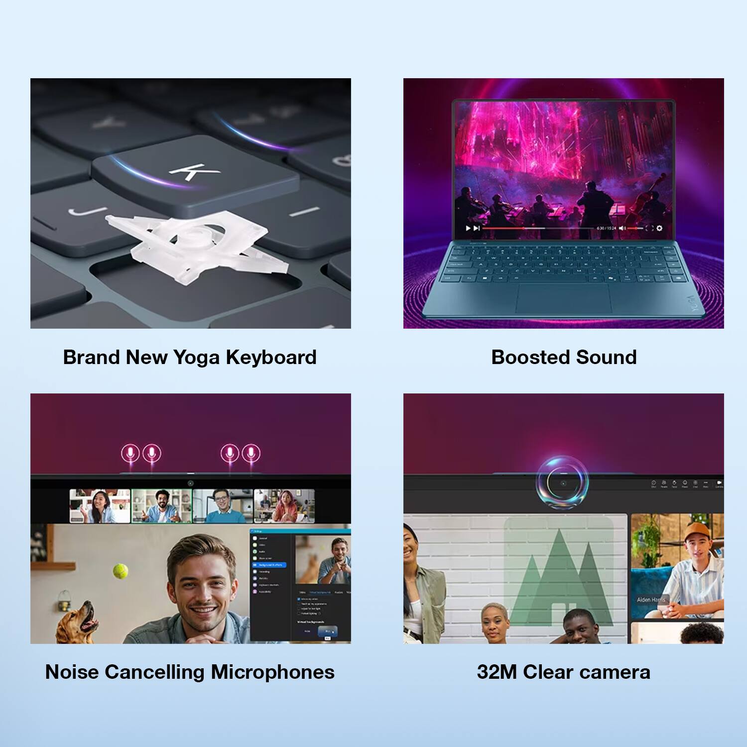 Brand New Yoga Keyboard  
Boosted Sound  
Noise Cancelling Microphones  
32M Clear camera