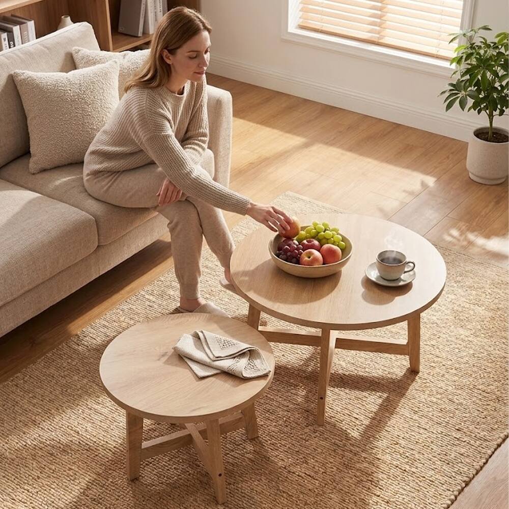 Alt View 1. Loheer - Loheer Set of 2 Round Nesting Coffee Tables Natural Wood Finish Stackable End Tables X-Shaped Frame Modern Side Tables - Natural Wood.