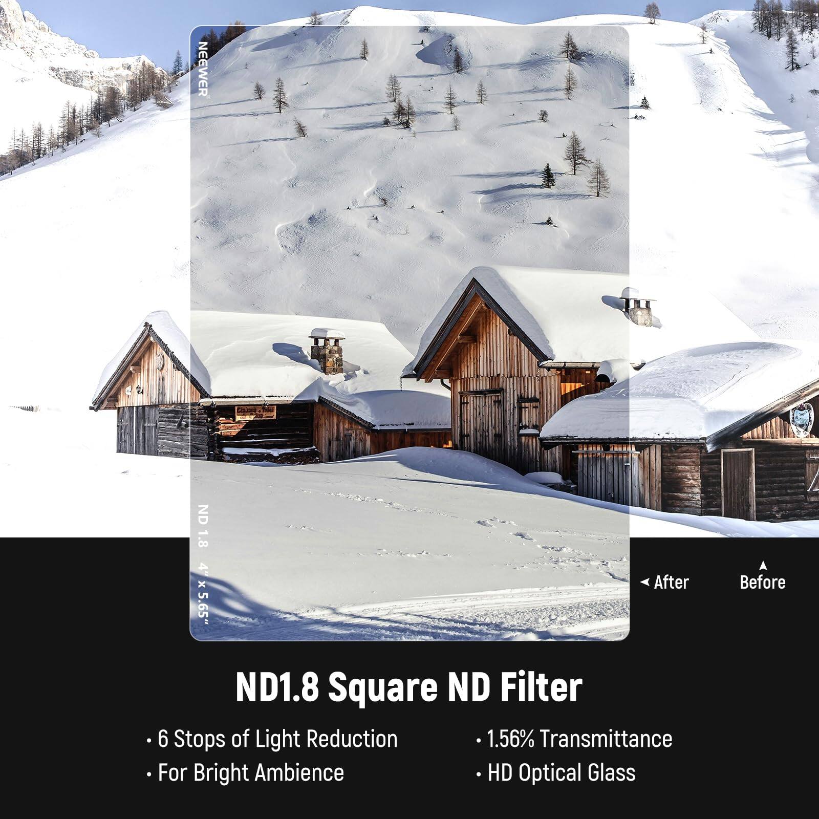NEEWER ND 1.8 Square ND Filter

- 6 Stops of Light Reduction
- For Bright Ambience
- 1.56% Transmittance
- HD Optical Glass
