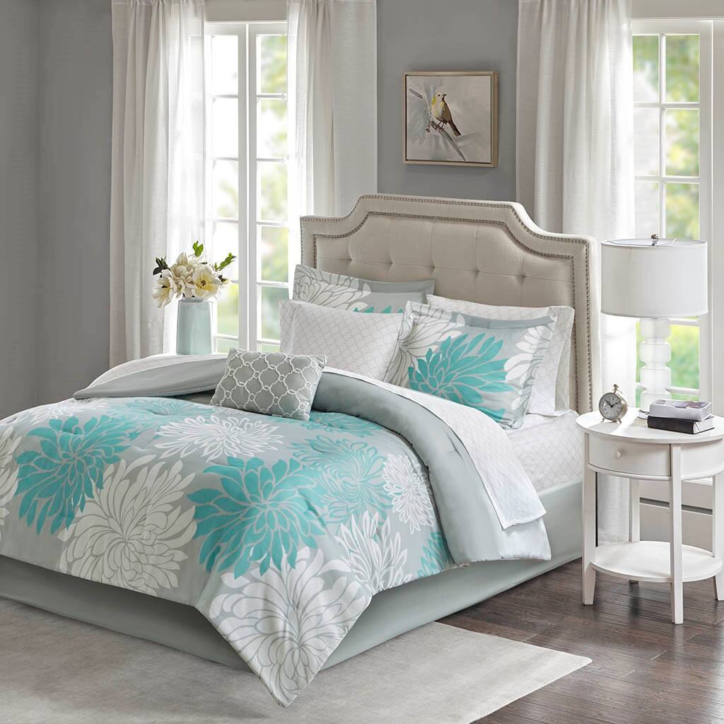Alt View 3. Gracie Mills - Gracie Mills Willie 9-Piece Floral Comforter Set with Cotton Sheets - Aqua.