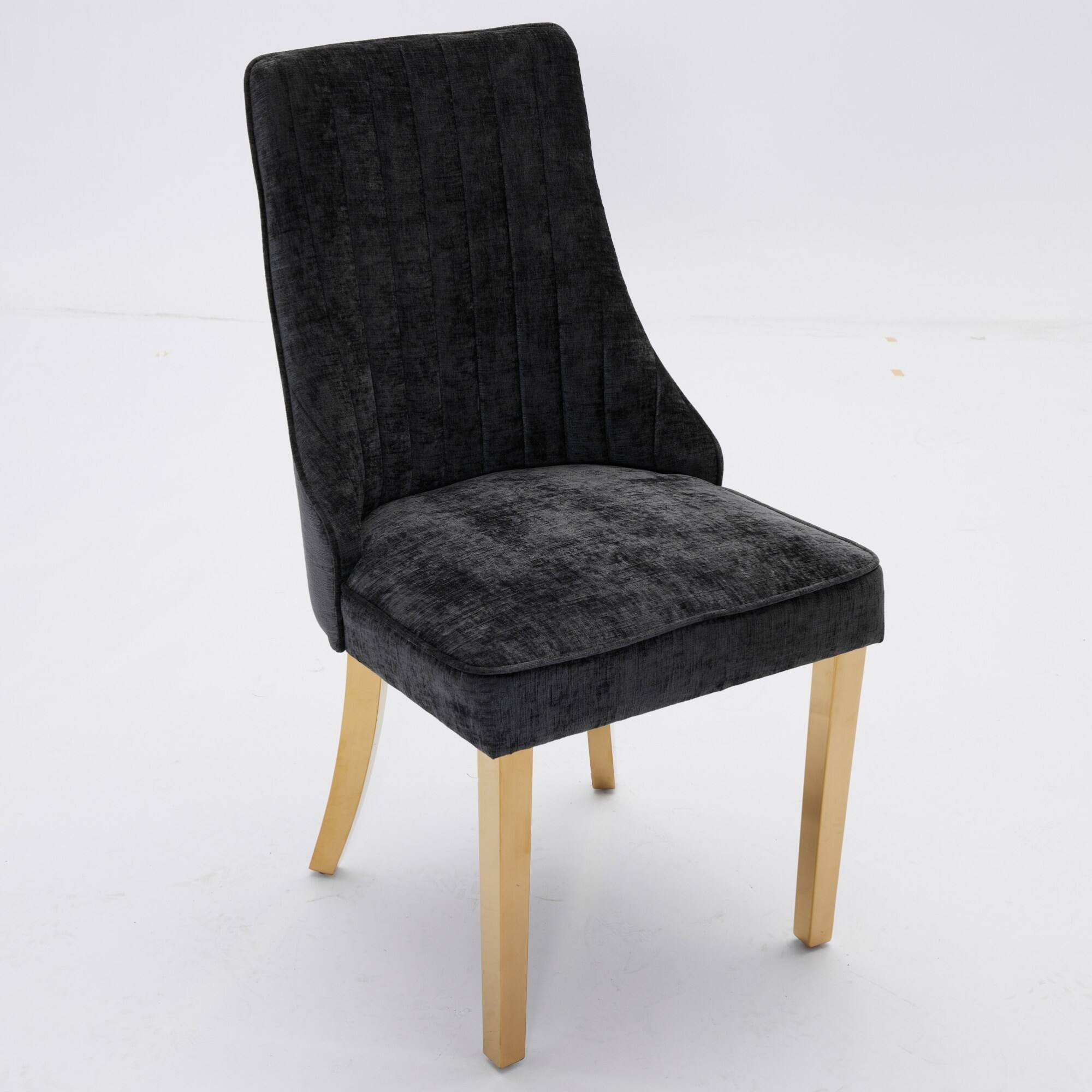 Back. GOODSILO - Luxury Chenille Fabric Upholstered Dining Chairs with Golden Stainless Steel Legs, Set of 2 - Black.