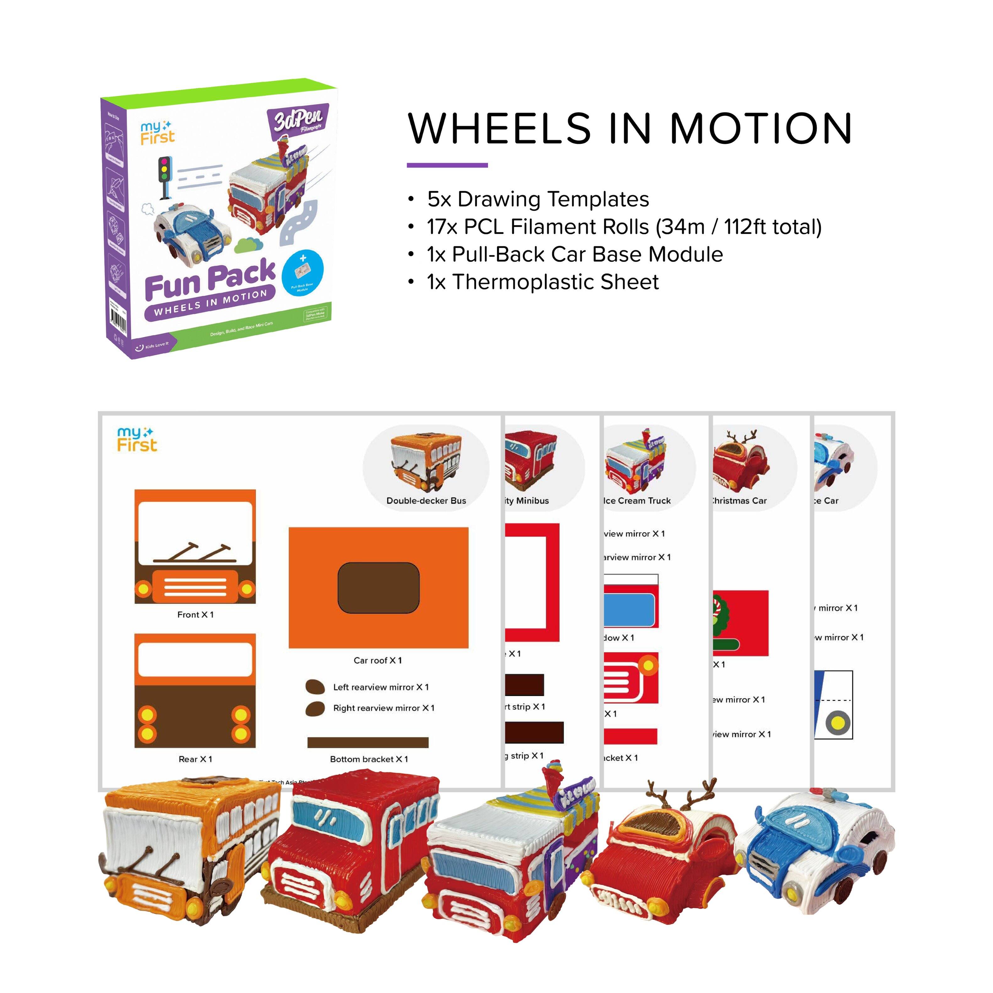 - my First 3dPen Arme WHEELS IN MOTION Fun Pack IN MOTION WHEELS
- 5x Drawing Templates
- 17x PCL Filament Rolls (34m / 112ft total)
- 1x Pull-Back Car Base Module
- 1x Thermoplastic Sheet
- my First Double-decker Bus
- Ice Cream Truck
- Christmas Car
- Car view mirror
- Front mirror x 1
- Left rearview mirror x 1
- Right rearview mirror x 1
- Car roof x 1
- Bottom bracket x 1
- Strip x 1
- Minibus
- view mirror x 1
- Low x 1
- r strip x 1
- ricket x 1
