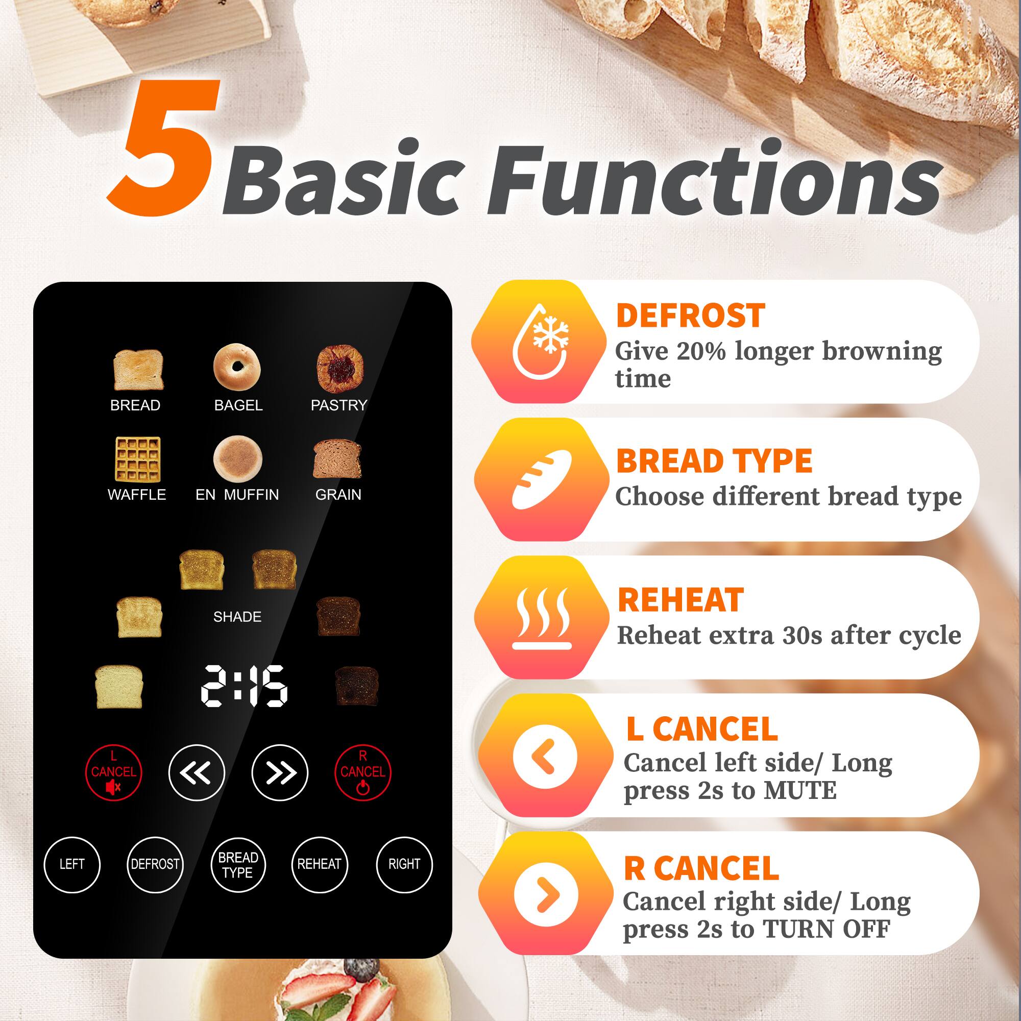 5 Basic Functions

- BREAD
- BAGEL
- PASTRY
- WAFFLE
- EN MUFFIN
- GRAIN

DEFROST  
Give 20% longer browning time

BREAD TYPE  
Choose different bread type

REHEAT  
Reheat extra 30s after cycle

L CANCEL  
Cancel left side/ Long press 2s to MUTE

R CANCEL  
Cancel right side/ Long press 2s to TURN OFF