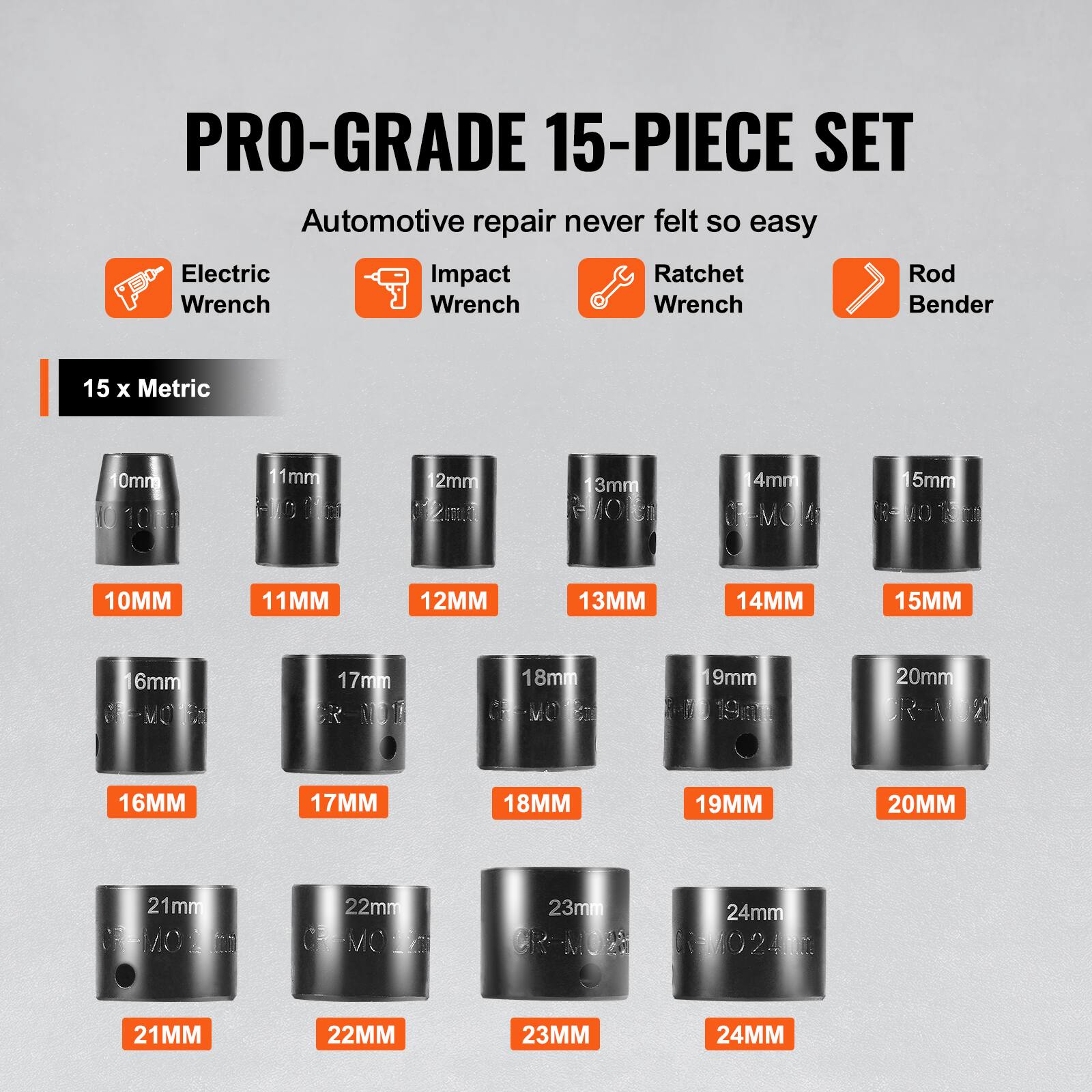 PRO-GRADE 15-PIECE SET Automotive repair never felt so easy Electric Wrench Impact Wrench Ratchet Wrench Rod Bender 15 x Metric 10MM 11MM 12MM 13MM 14MM 15MM 16MM 17MM 18MM 19MM 20MM 21MM 22MM 23MM 24MM