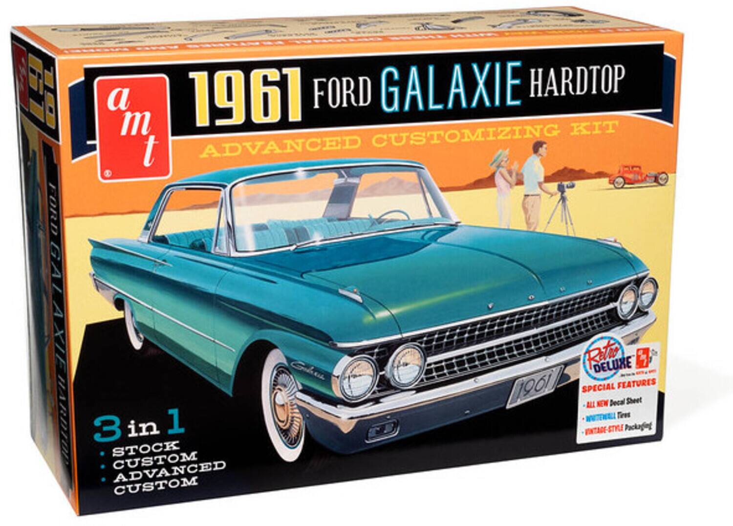 1961 FORD GALAXIE HARDTOP  
ADVANCED CUSTOMIZING KIT  

3 in 1  
- STOCK  
- CUSTOM  
- ADVANCED CUSTOM  

SPECIAL FEATURES  
- ALL NEW Decal Sheet  
- VINTAGE-STYLE Tires  
- VINTAGE-STYLE Packaging  

Retro DELUXE