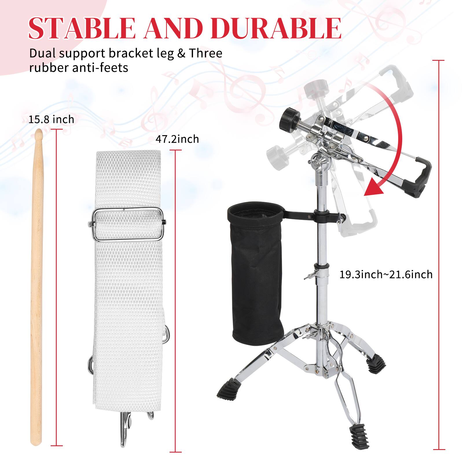 STABLE AND DURABLE  
Dual support bracket leg & Three rubber anti-feets  

15.8 inch  
47.2 inch  
19.3 inch~21.6 inch