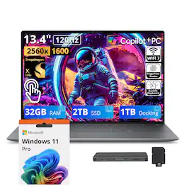 Dell - Upgraded - XPS 13 13.4" Touch Laptop,Snapdragon X Elite,32GB RAM,2TB SSD+1TB Dock Set,Backlit,Fingerprint,Win11 Pro - Graphite