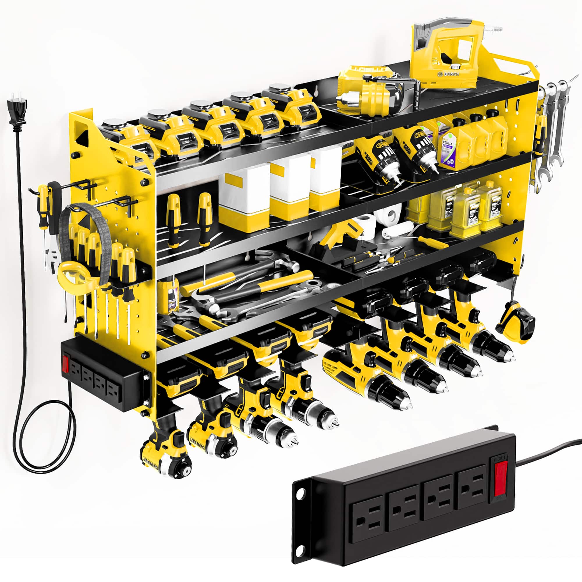 HAUSOURCE - 33.46 in. YELLOW Steel 4-Tier Power Tool Organizer Wall Mount Tool Storage Rack Shelves Workbench with Side Pegboards - Yellow