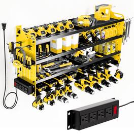 HAUSOURCE - 33.46 in. YELLOW Steel 4-Tier Power Tool Organizer Wall Mount Tool Storage Rack Shelves Workbench with Side Pegboards - Yellow