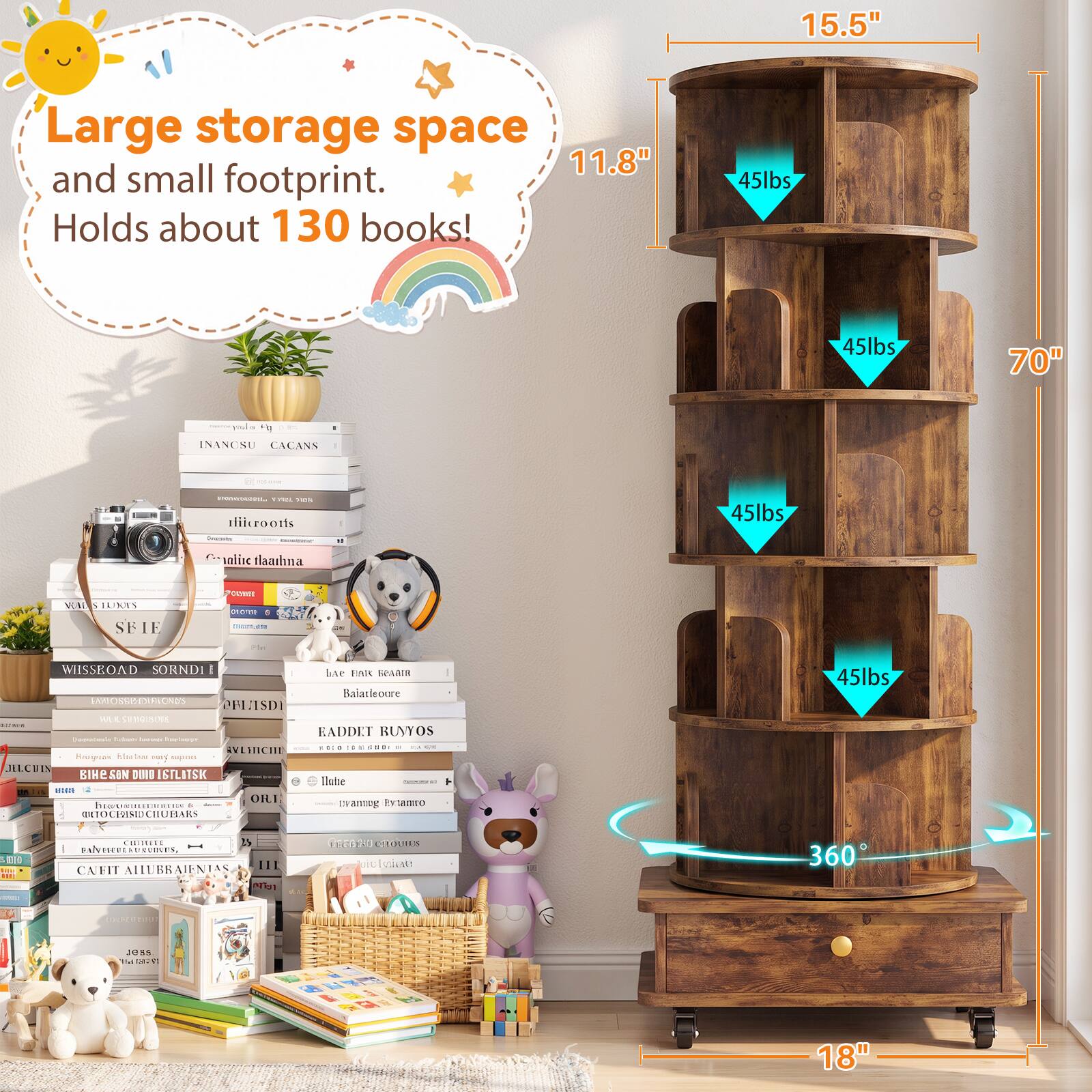 15.5"  
Large storage space and small footprint. Holds about 130 books!  
45lbs  
45lbs  
70"  
45lbs  
360°  
18"