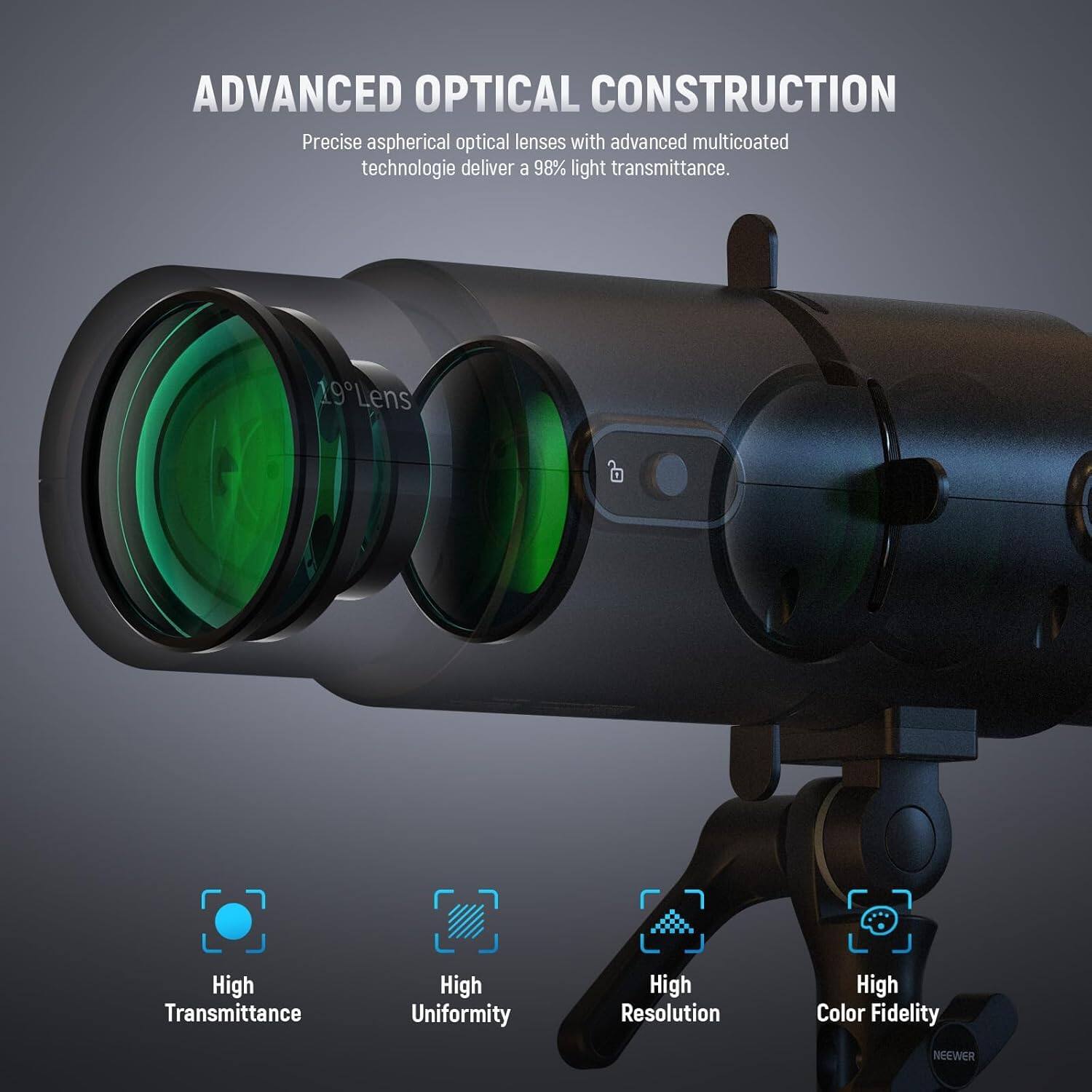 ADVANCED OPTICAL CONSTRUCTION  
Precise aspherical optical lenses with advanced multicoated technology deliver a 98% light transmittance.  

19° Lens  
High Transmittance  
High Uniformity  
High Resolution  
High Color Fidelity  
NEEWER