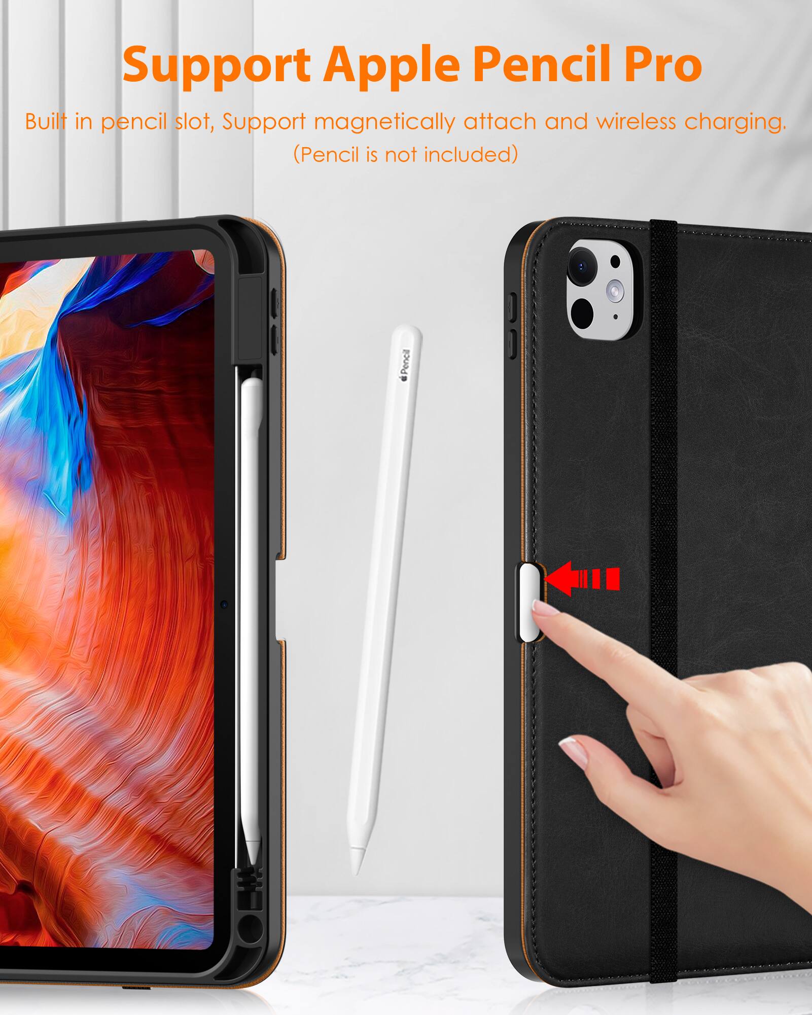 Support Apple Pencil Pro

Built in pencil slot, Support magnetically attach and wireless charging. (Pencil is not included)