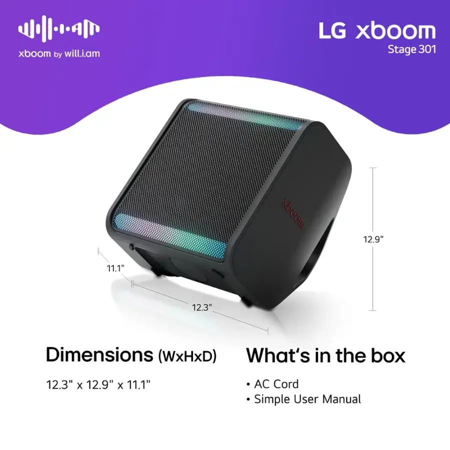 The text on the image is grouped and corrected as follows:

xboom by will.i.am LG xboom Stage 301
Dimensions (WxHxD): 12.3" x 12.9" x 11.1"
What's in the box: 12.3" x 12.9" x 11.1" AC Cord
Simple User Manual