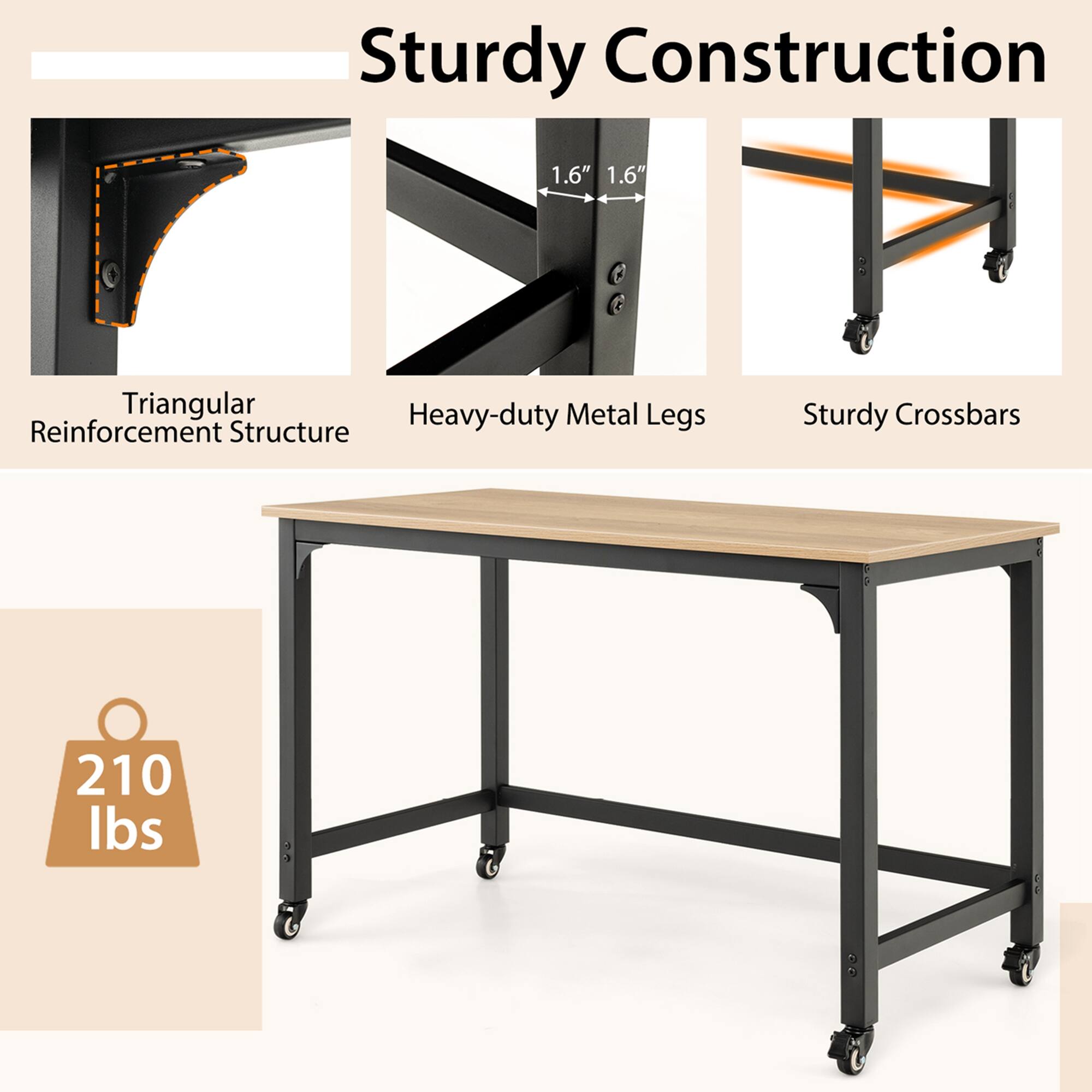 Sturdy Construction: 1.6" Triangular Reinforcement Structure, Heavy-duty Metal Legs, Sturdy Crossbars, 210 lbs.