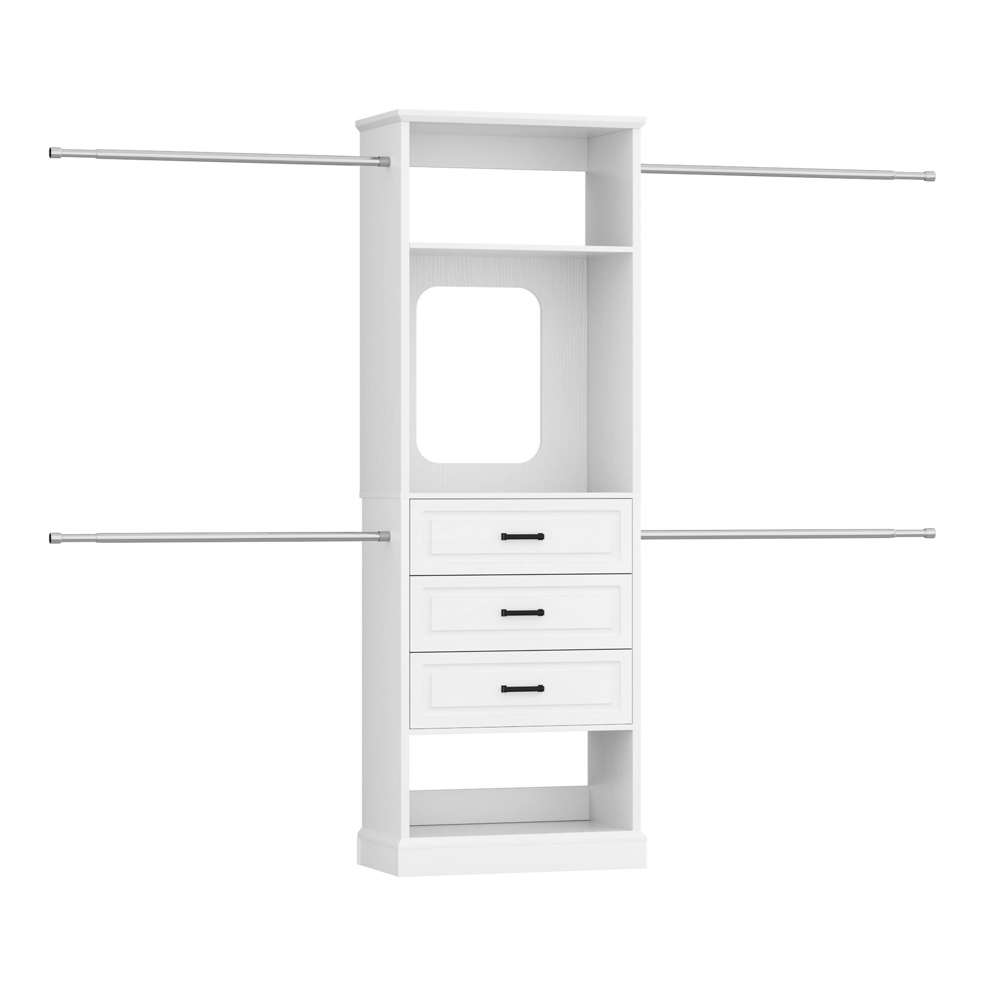 Alt View 2. Aheaplus - 26'' - 110'' W Adjustable Closet Organizer System with 3 Drawers, 4 Retractable Hanging Rods and Mirror - White.