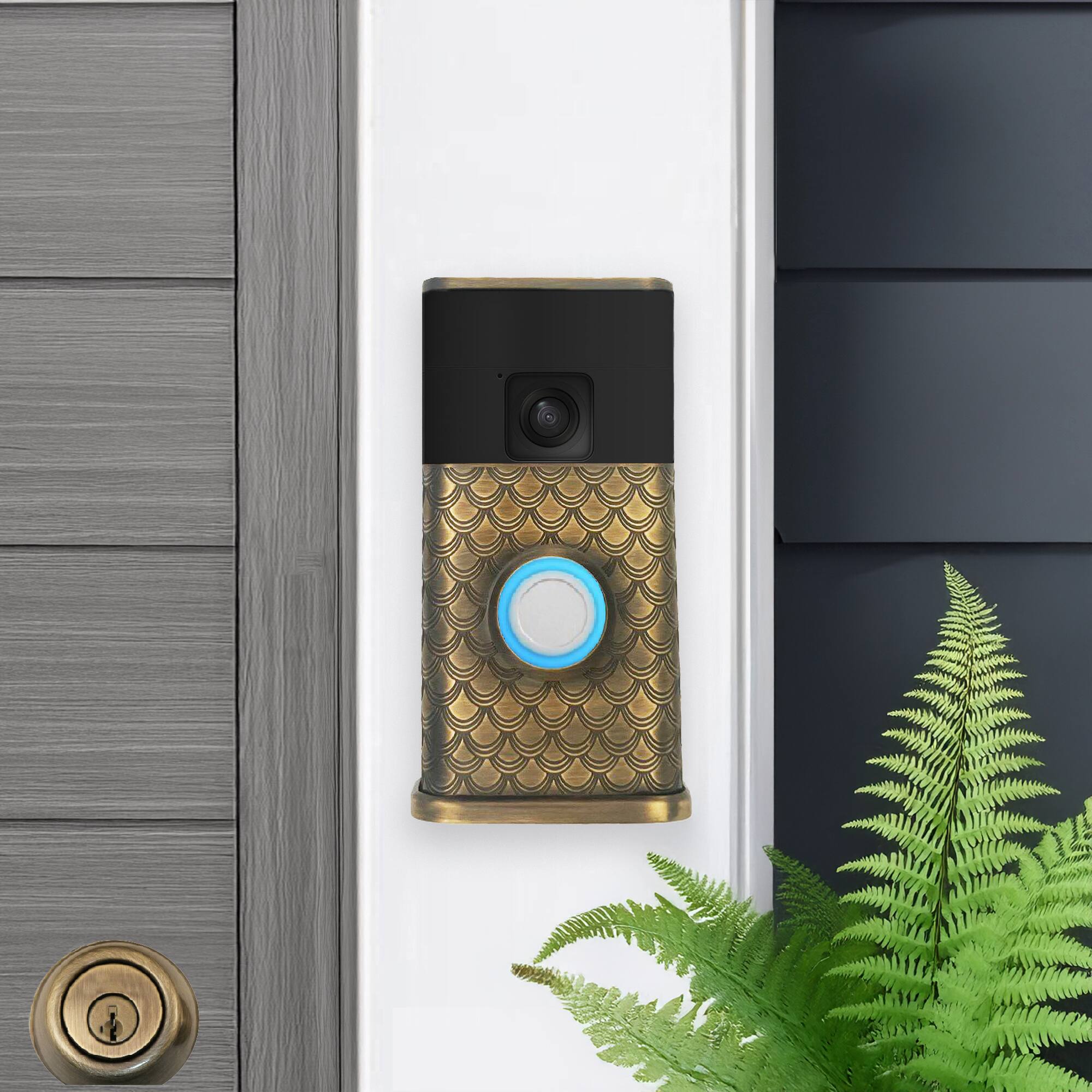 Alt View 3. Michael Healy - Scales Video Doorbell Cover (Ring Battery Doorbell 2024 Release) - Antique Brass.