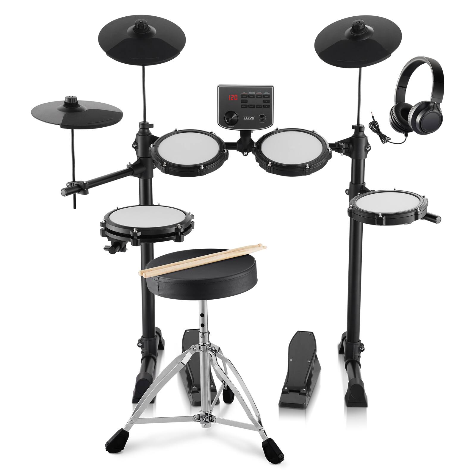 Front. VEVOR - 15 Drum Kits & 150 Sounds Electronic Drum Kit, USB MIDI Supported 8 in Quiet Mesh Snare Electric Drum Set - Black.