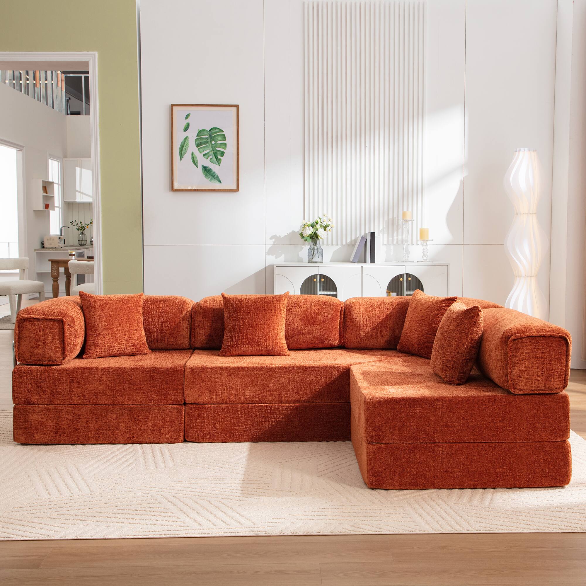 Alt View 5. KERDOM - Oversized Big Family Sofa Couch, 170 inches Extra Long Convertible Sofa Bed Sleeper Sectional Floor Building Block Couch - Orange.